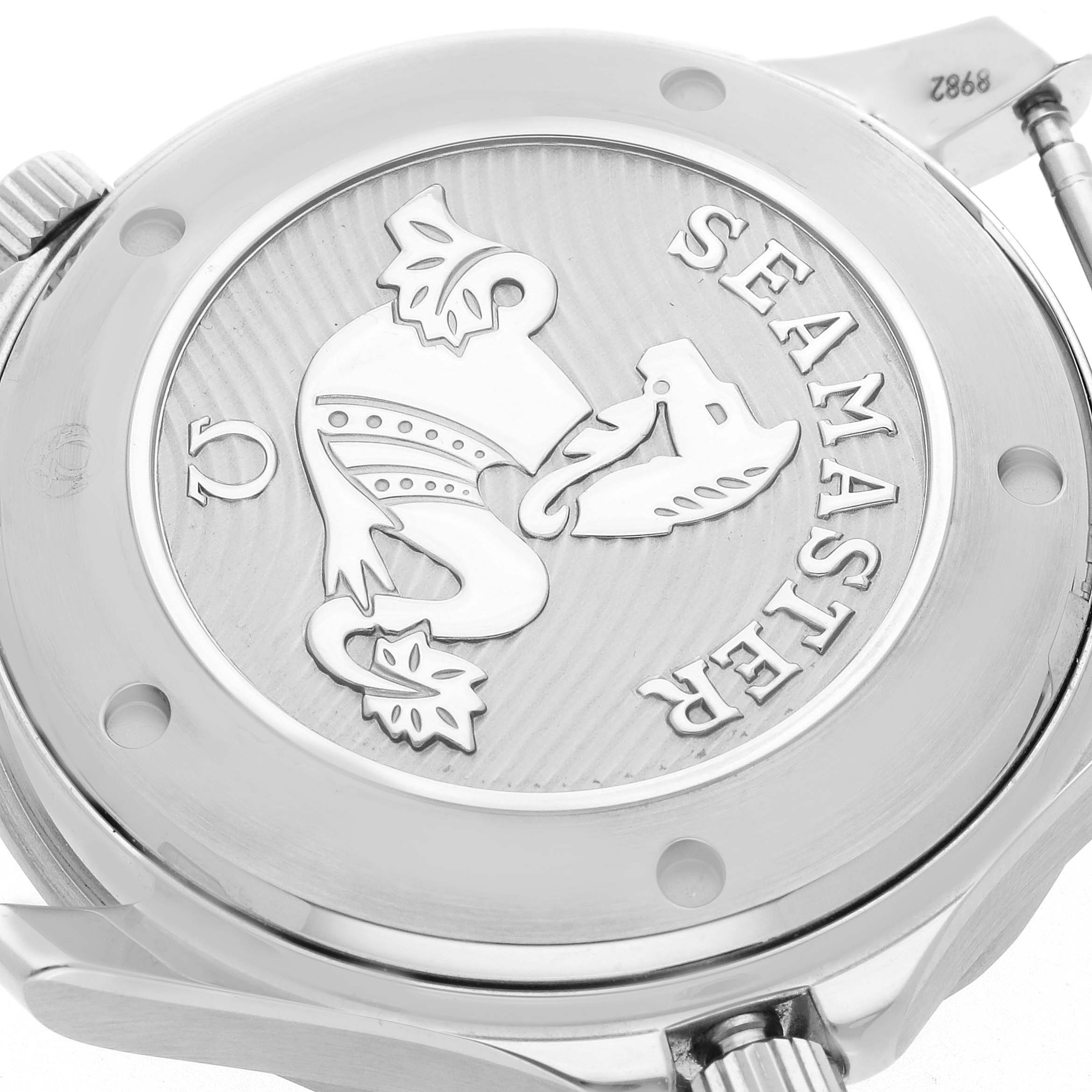 The image shows the case back of an Omega Seamaster 212.30.41.20.01.003 Men
s Stainless Steel Black Dial, highlighting the embossed logo and engravings.