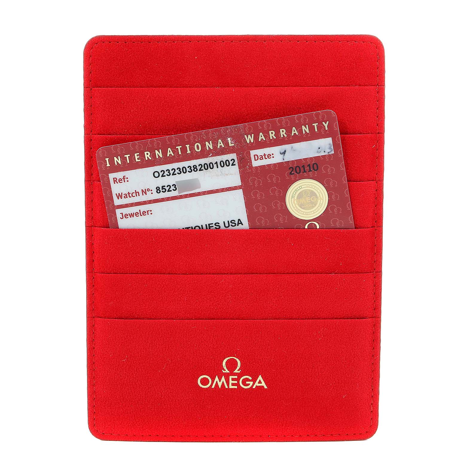 The image shows an Omega Seamaster 232.30.38.20.01.002 Men
s Stainless Steel Black Dial 232.30.38.20.01.002 Men
s Stainless Steel Black Dial warranty card placed inside a red Omega-branded cardholder, viewed from the front.