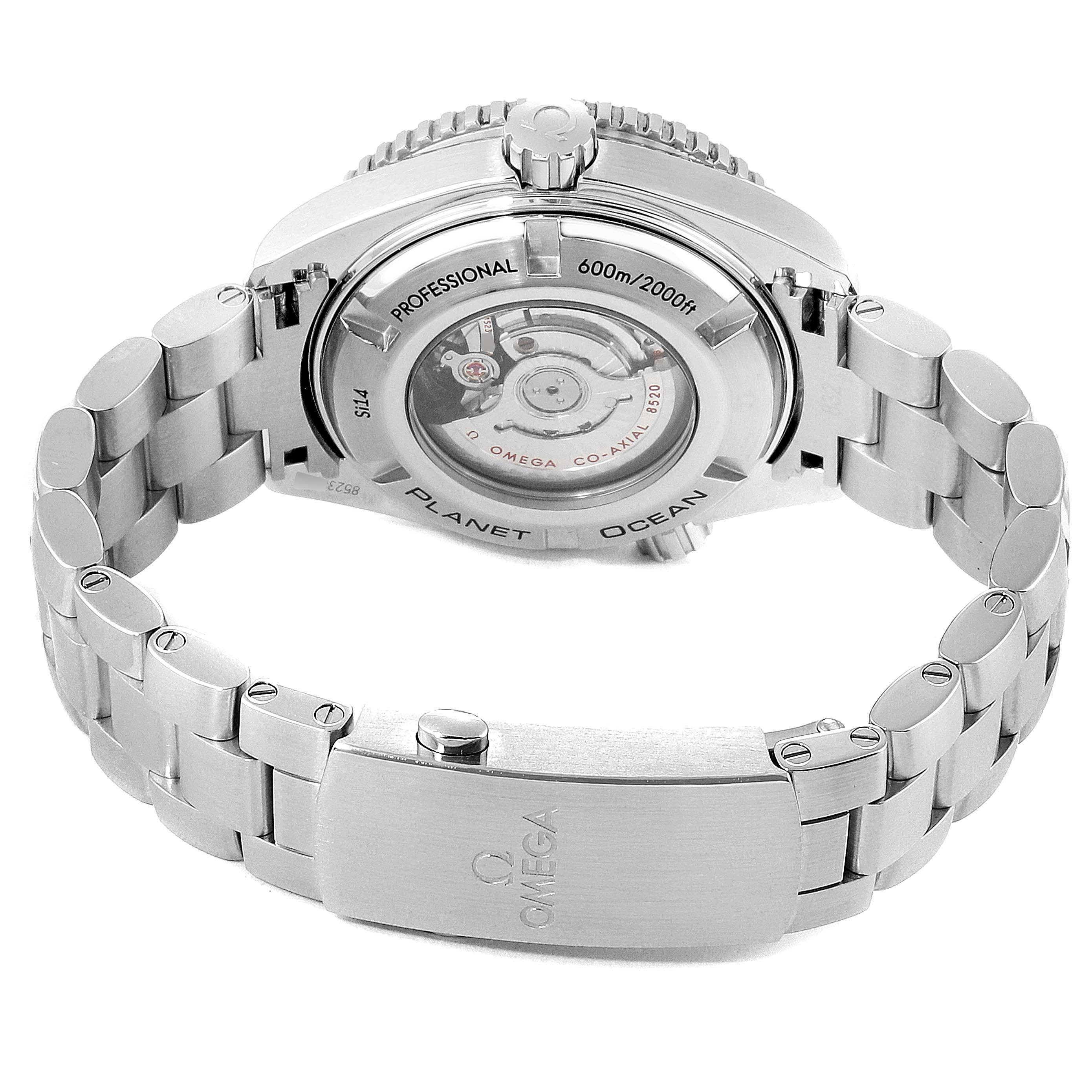 The image shows the back view of the Omega Seamaster 232.30.38.20.01.002 Men
s Stainless Steel Black Dial 232.30.38.20.01.002 Men
s Stainless Steel Black Dial Planet Ocean watch, highlighting its bracelet, clasp, and transparent case back.