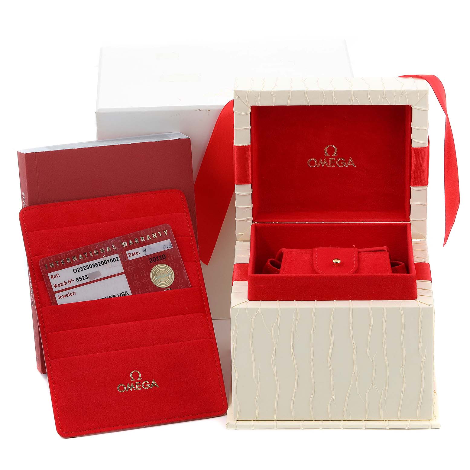 The image shows the packaging, international warranty card, and storage box for an Omega Seamaster 232.30.38.20.01.002 Men
s Stainless Steel Black Dial 232.30.38.20.01.002 Men
s Stainless Steel Black Dial watch.