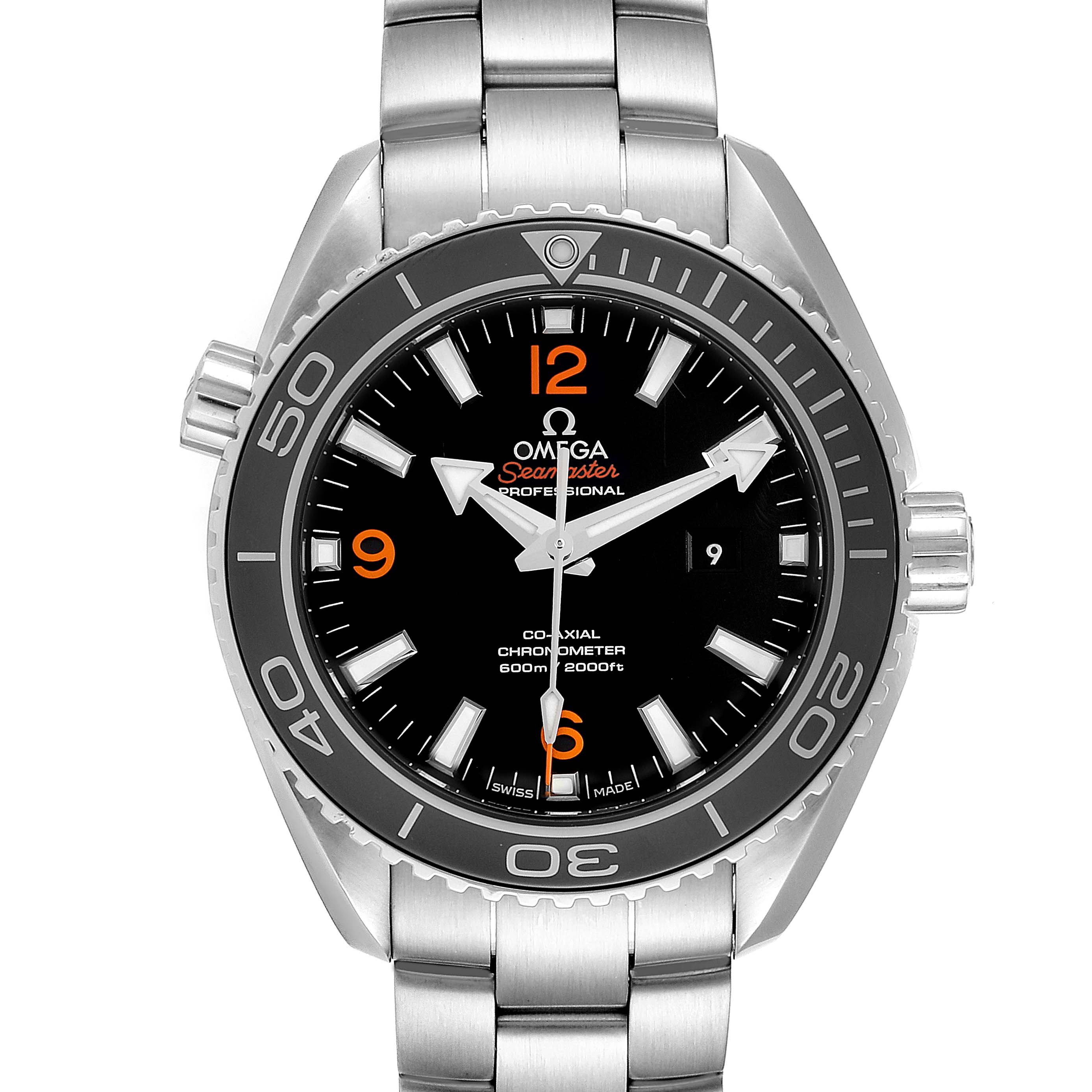 This image shows a front view of the Omega Seamaster 232.30.38.20.01.002 Men
s Stainless Steel Black Dial 232.30.38.20.01.002 Men
s Stainless Steel Black Dial watch, displaying its dial, bezel, crown, and metal bracelet.