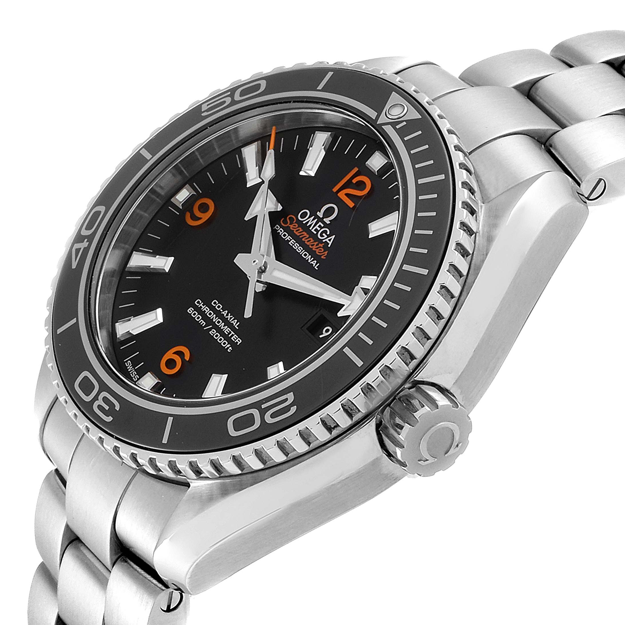 The image shows a side angle of the Omega Seamaster 232.30.38.20.01.002 Men
s Stainless Steel Black Dial 232.30.38.20.01.002 Men
s Stainless Steel Black Dial watch, highlighting the face, bezel, crown, and part of the bracelet.