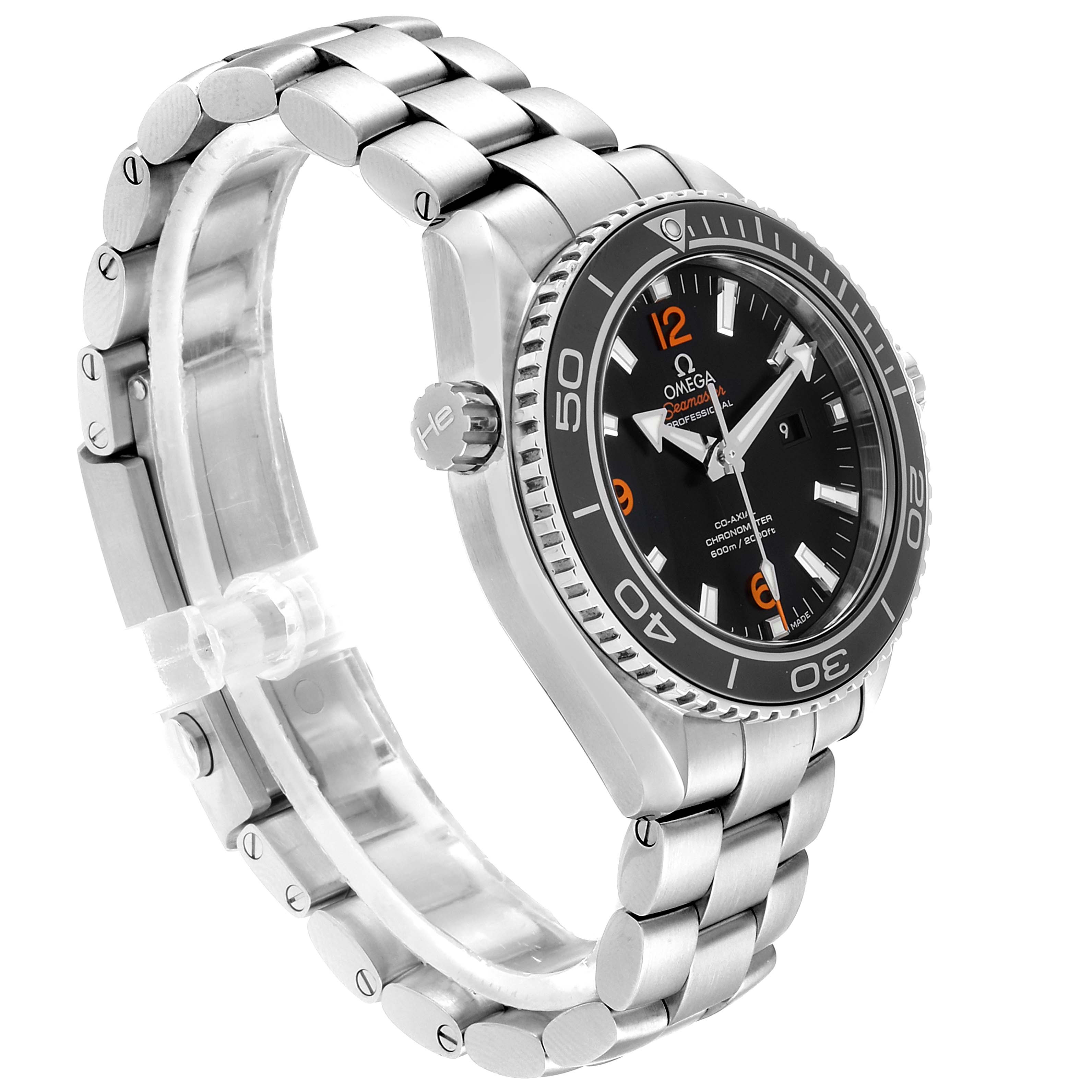 The Omega Seamaster 232.30.38.20.01.002 Men
s Stainless Steel Black Dial 232.30.38.20.01.002 Men
s Stainless Steel Black Dial watch is shown at an angle highlighting the front dial, side crown, and metal bracelet.