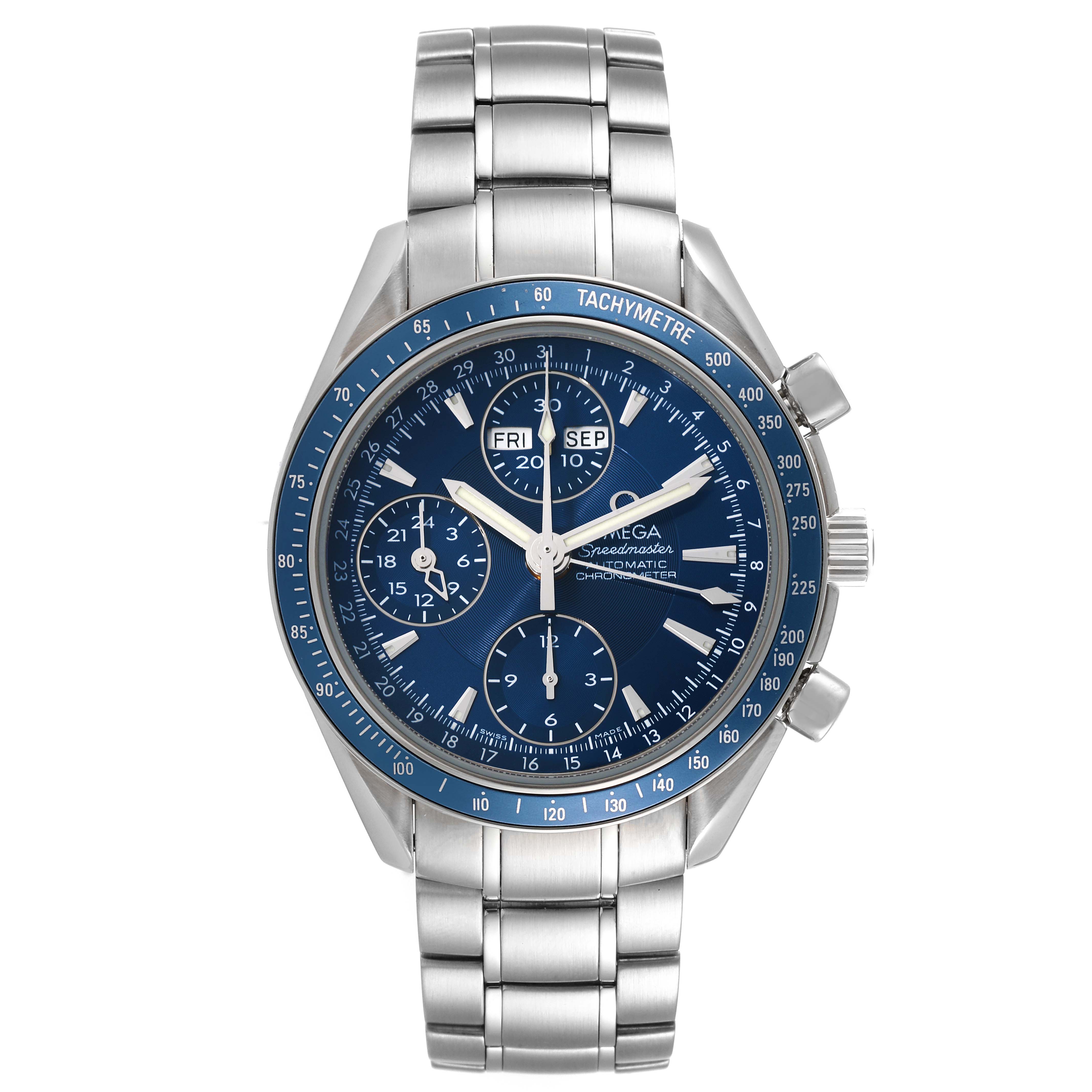 The image shows a frontal view of the Omega Speedmaster 3222.80.00 Men's Stainless Steel Blue Dial 3222.80.00 Men's Stainless Steel Blue Dial watch, showcasing its dial, tachymeter bezel, chronograph subdials, and metal bracelet.