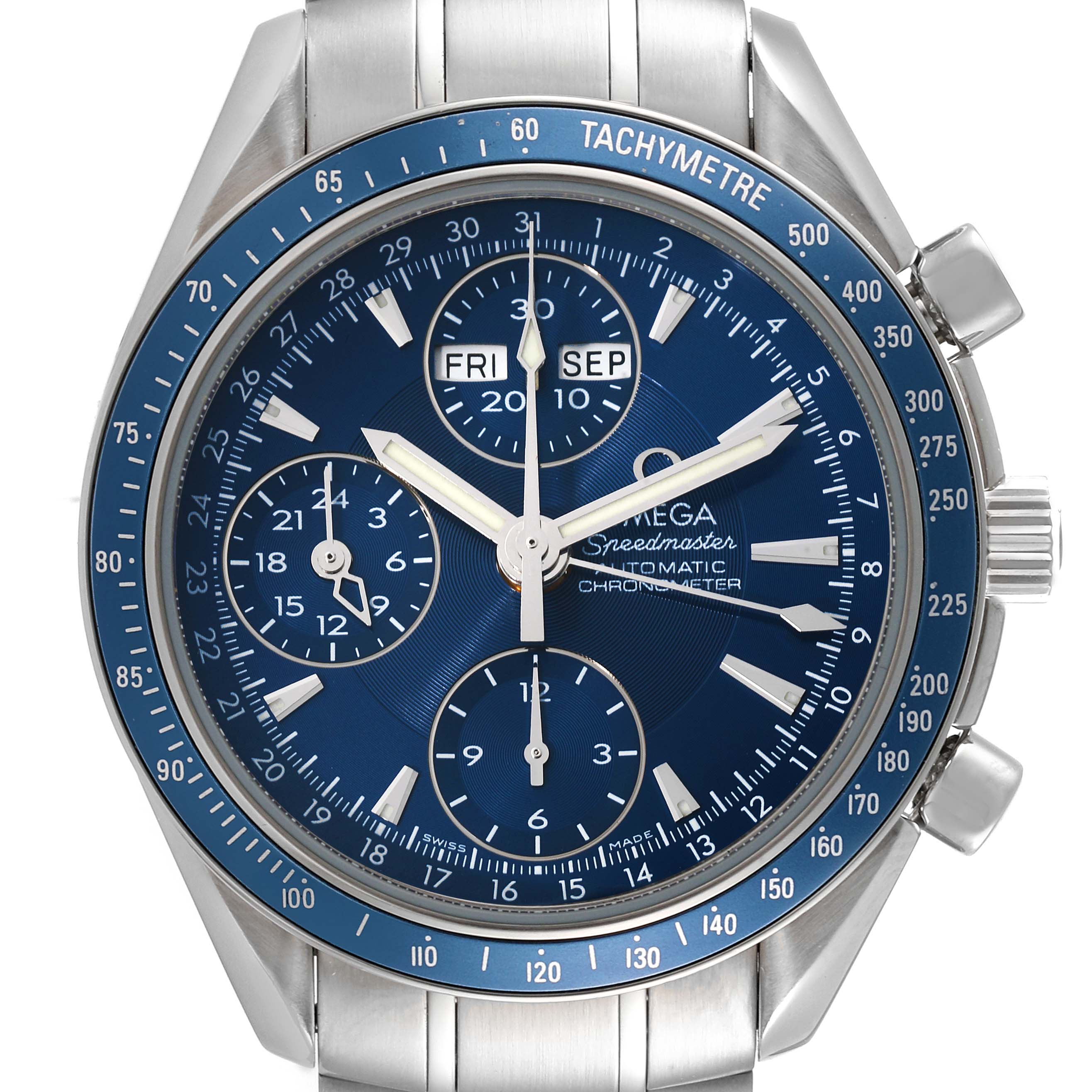 The image shows a frontal view of an Omega Speedmaster 3222.80.00 Men's Stainless Steel Blue Dial 3222.80.00 Men's Stainless Steel Blue Dial watch, highlighting its blue dial, chronograph functions, and tachymeter scale.