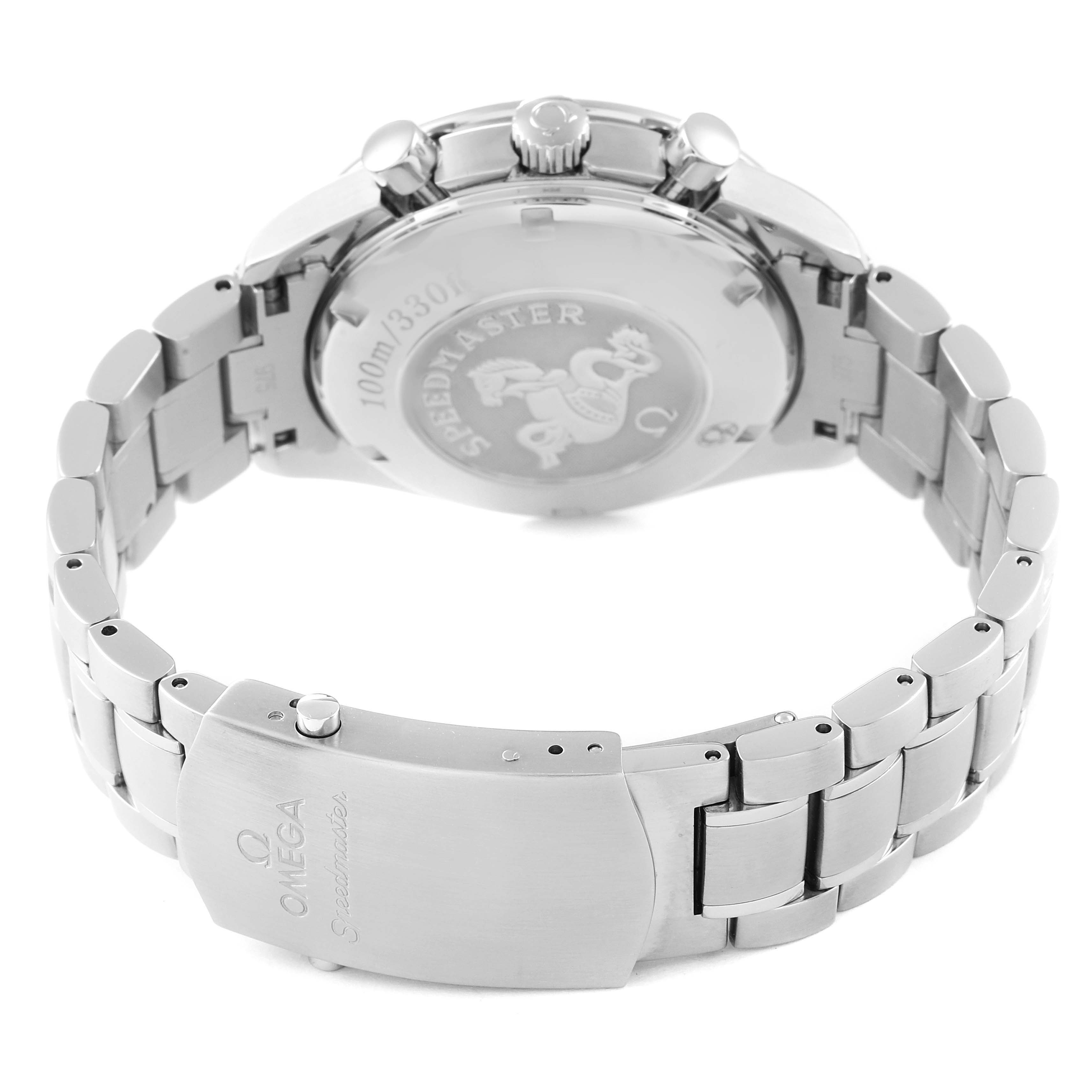 The image shows the rear view of the Omega Speedmaster 3222.80.00 Men's Stainless Steel Blue Dial 3222.80.00 Men's Stainless Steel Blue Dial watch, highlighting the case back, bracelet, and clasp.