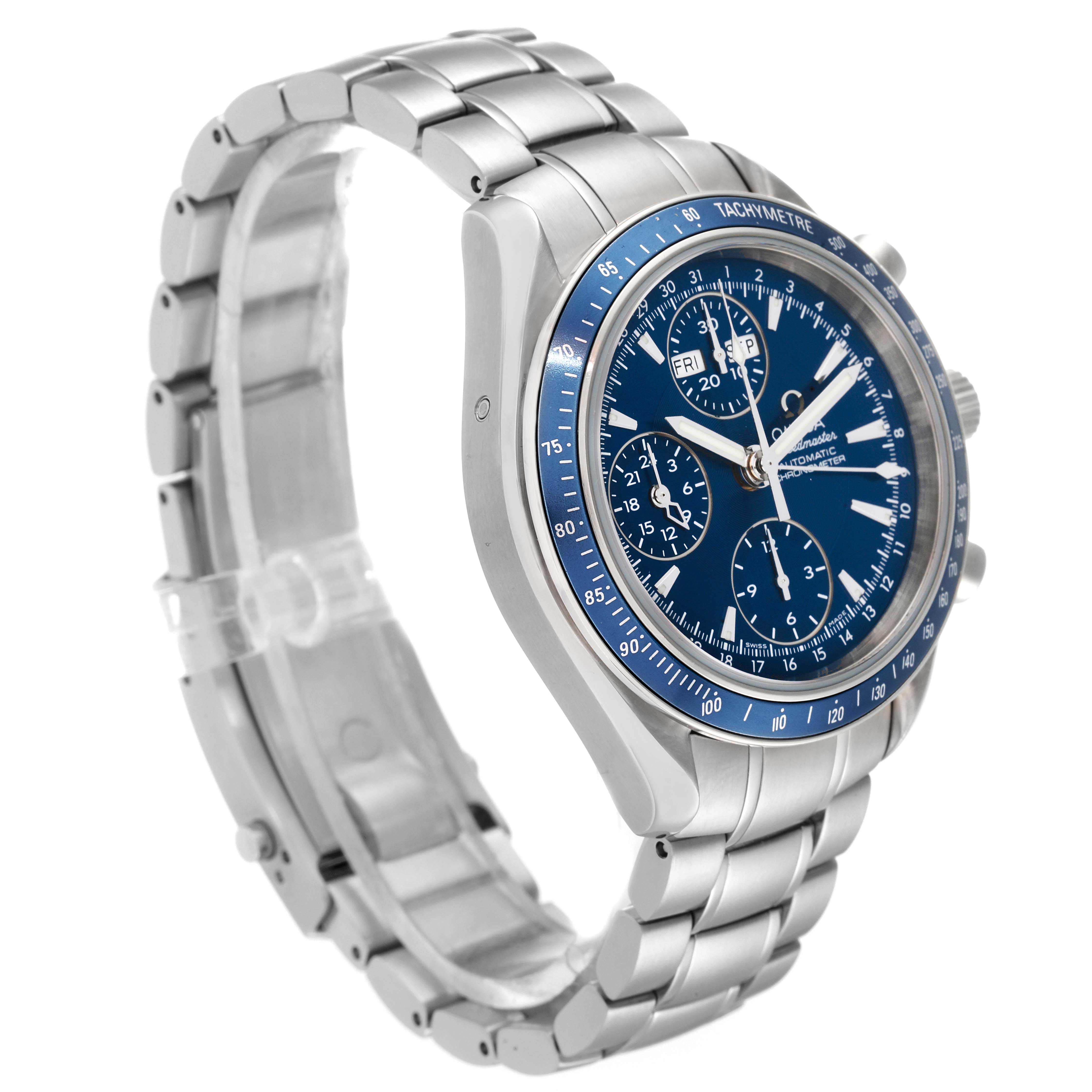 The Omega Speedmaster 3222.80.00 Men's Stainless Steel Blue Dial 3222.80.00 Men's Stainless Steel Blue Dial watch is shown at an angle highlighting the face, bezel, and stainless steel bracelet.