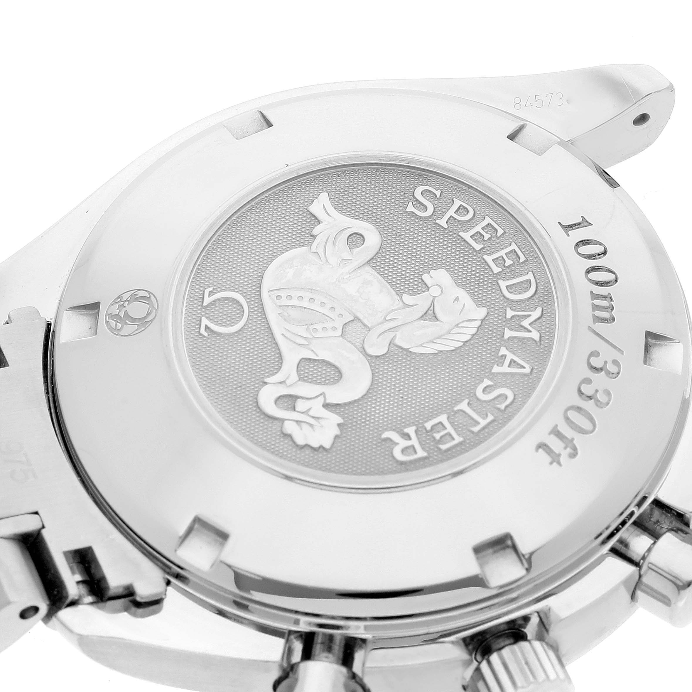 The image shows the case back of an Omega Speedmaster 3222.80.00 Men's Stainless Steel Blue Dial 3222.80.00 Men's Stainless Steel Blue Dial watch with the engraving and logo clearly visible.