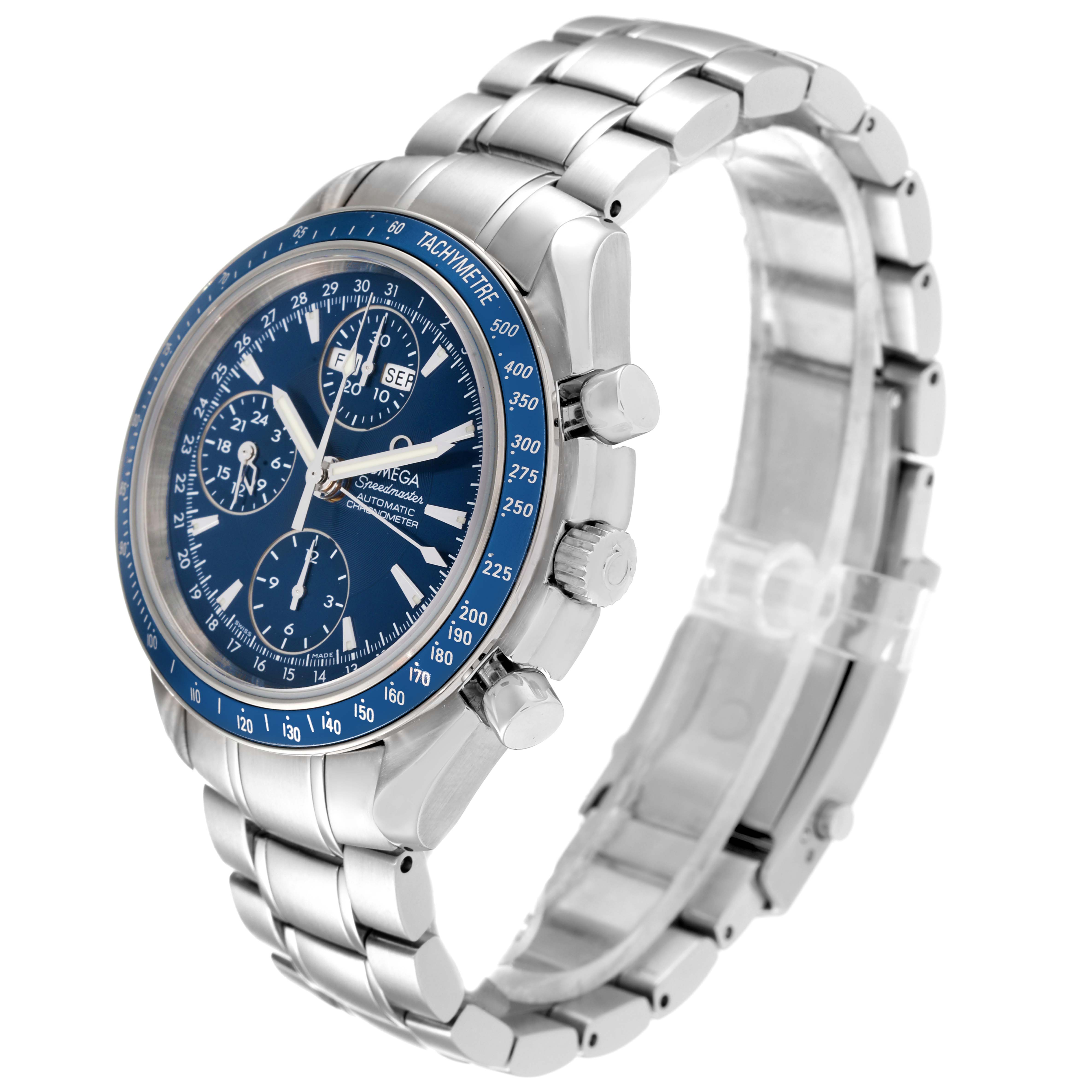 The image shows a side-angle view of the Omega Speedmaster 3222.80.00 Men's Stainless Steel Blue Dial 3222.80.00 Men's Stainless Steel Blue Dial watch, highlighting the dial, bezel, chronograph buttons, and bracelet.