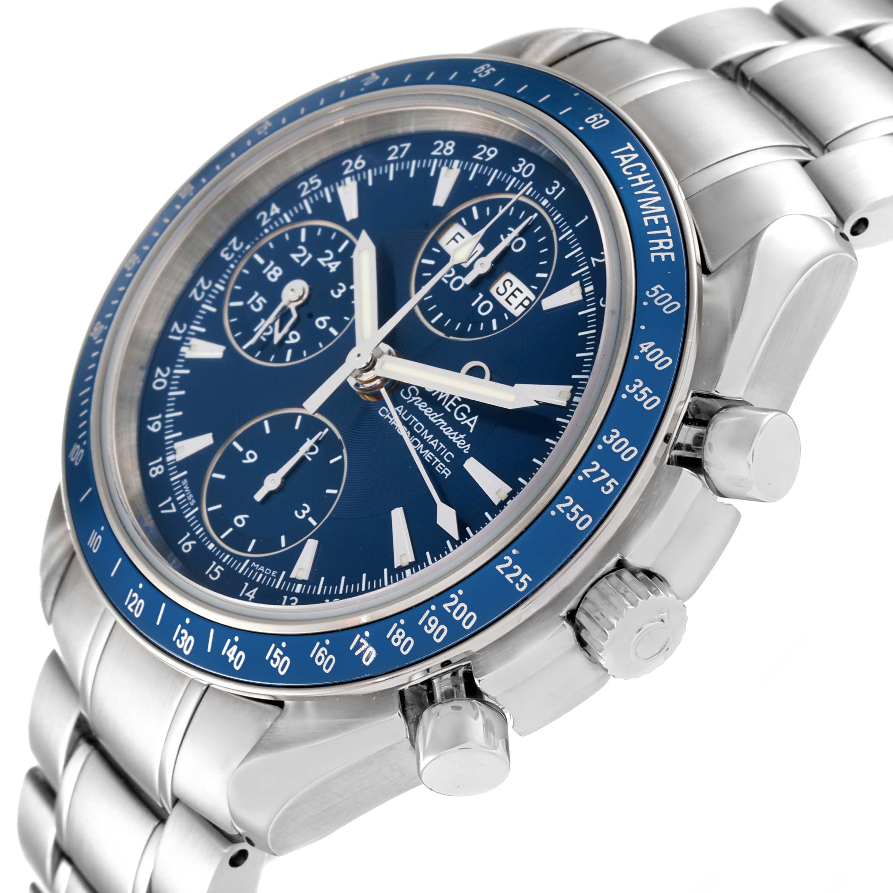 This image shows a side-angle view of an Omega Speedmaster 3222.80.00 Men's Stainless Steel Blue Dial 3222.80.00 Men's Stainless Steel Blue Dial watch, highlighting the dial, bezel, crown, and pushers.