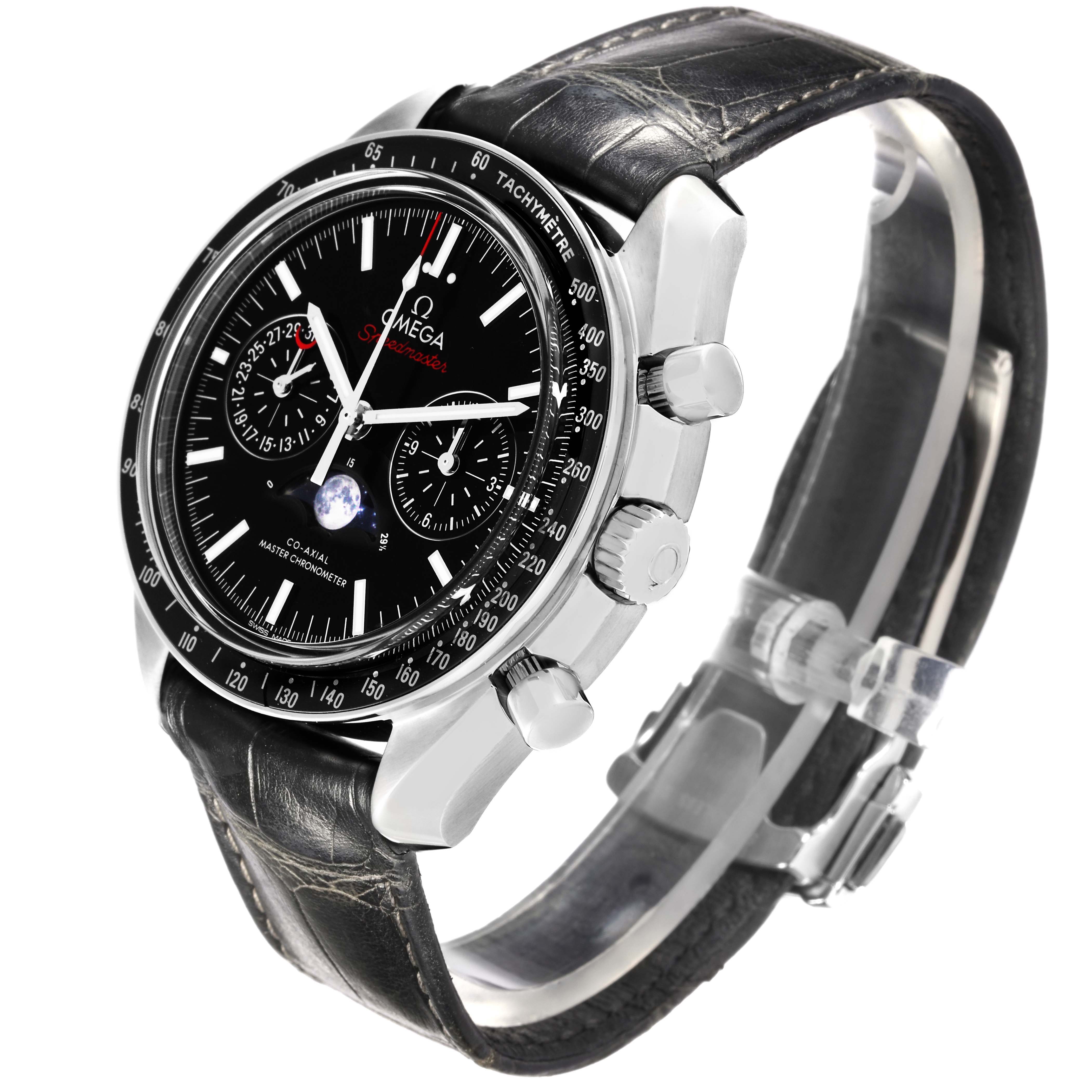 The Omega Speedmaster 304.33.44.52.01.001 Men
s Stainless Steel Black Dial 304.33.44.52.01.001 Men
s Stainless Steel Black Dial watch is shown at a diagonal angle, displaying the face, tachymetre bezel, crown, pushers, and leather strap.