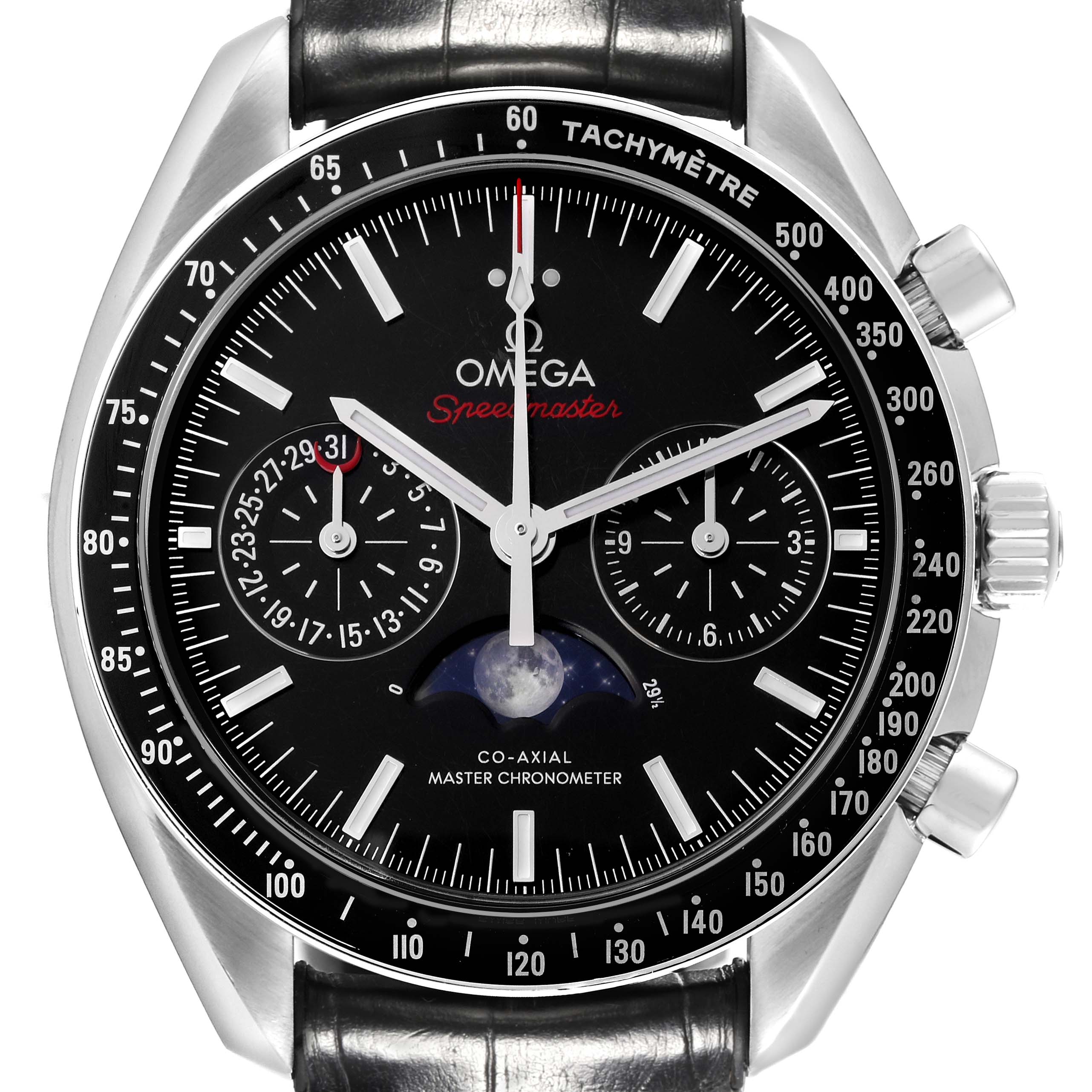 The Omega Speedmaster 304.33.44.52.01.001 Men
s Stainless Steel Black Dial 304.33.44.52.01.001 Men
s Stainless Steel Black Dial is shown from the front, displaying the dial, sub-dials, tachymeter bezel, and moon phase indicator.