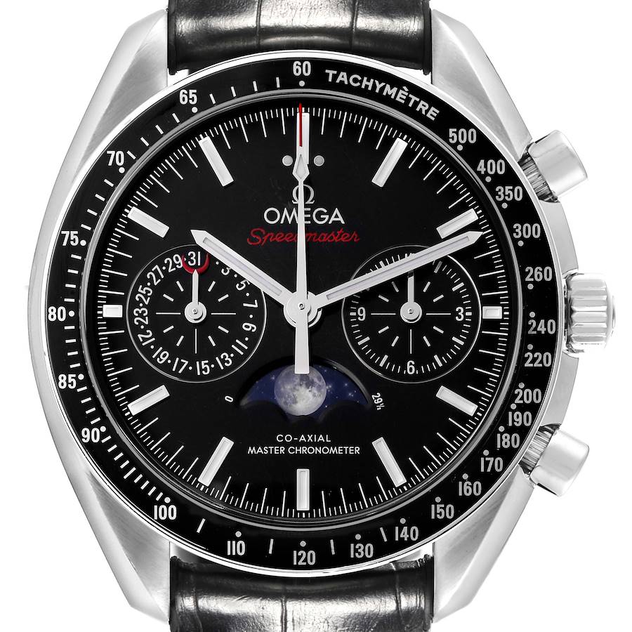 The Omega Speedmaster is shown from the front, displaying the dial, sub-dials, tachymeter bezel, and moon phase indicator.