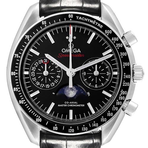 The Omega Speedmaster watch face is shown straight-on, featuring subdials, a tachymeter, and moon phase indicator.