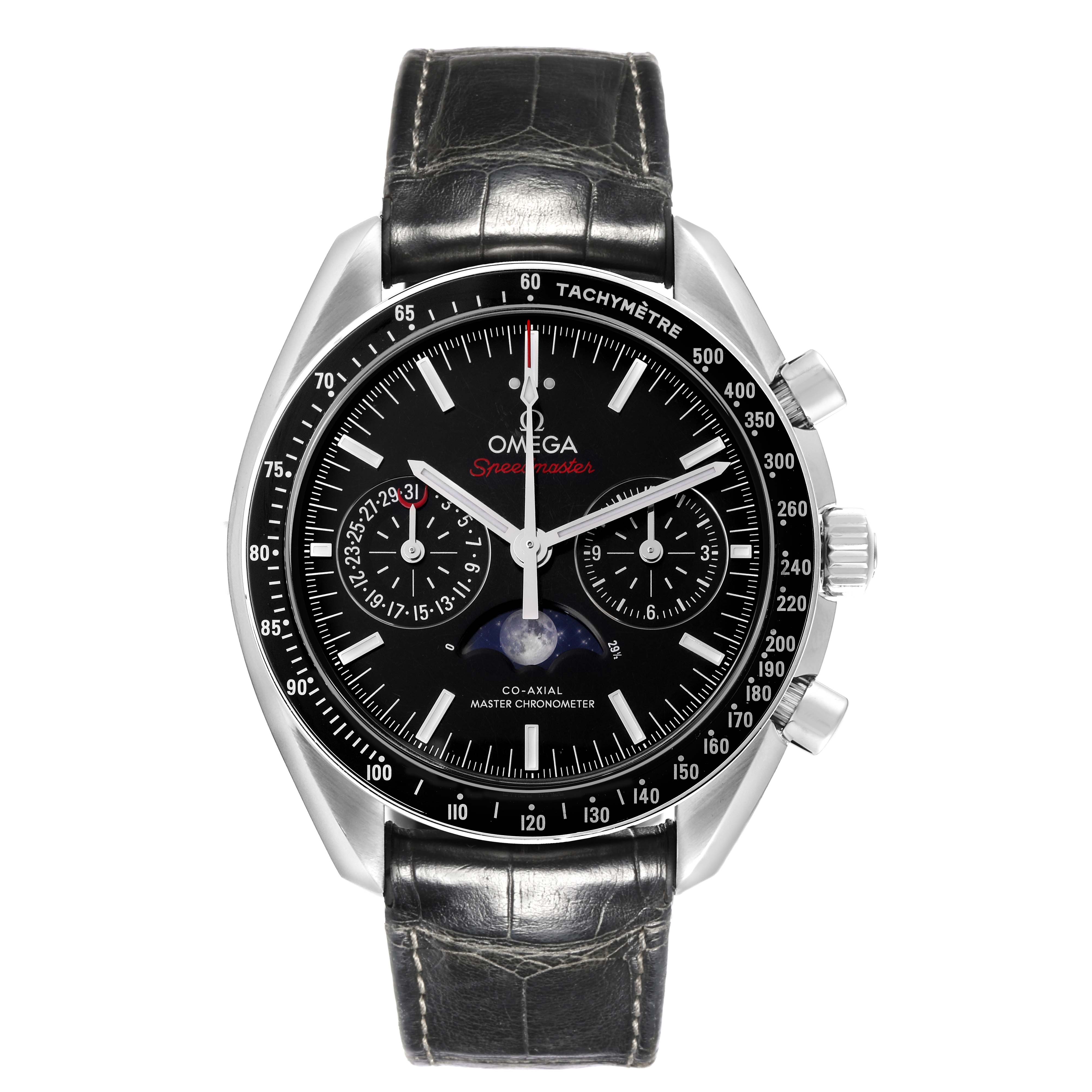 The Omega Speedmaster 304.33.44.52.01.001 Men
s Stainless Steel Black Dial 304.33.44.52.01.001 Men
s Stainless Steel Black Dial watch is shown from a front view, displaying the dial, bezel, subdials, and leather strap.