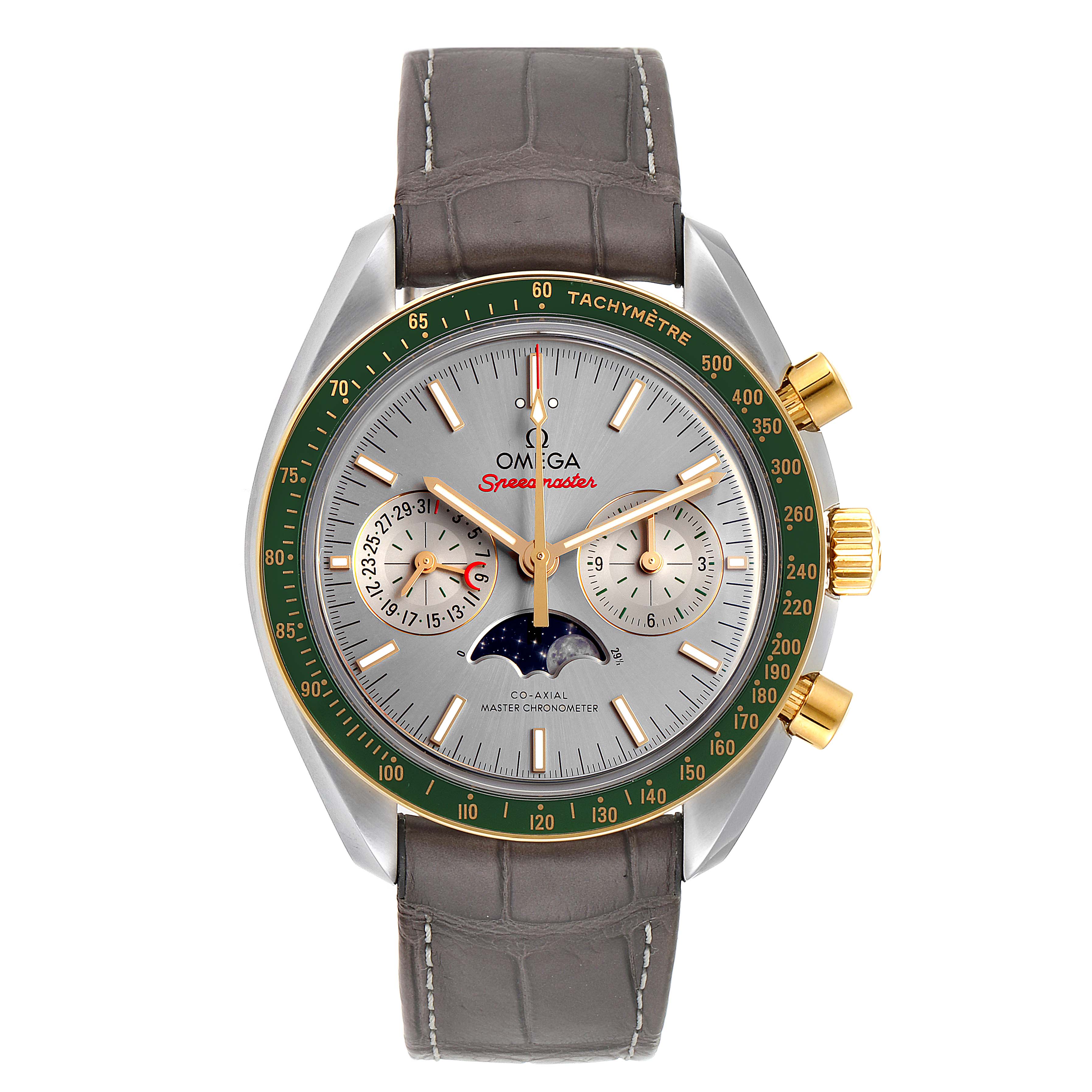 The image shows a front view of an Omega Speedmaster 304.23.44.52.06.001 Men's Steel and Gold (two tone) Grey Dial 304.23.44.52.06.001 Men's Steel and Gold (two tone) Grey Dial watch featuring a green tachymeter, dual sub-dials, moonphase, and a brown leather strap.