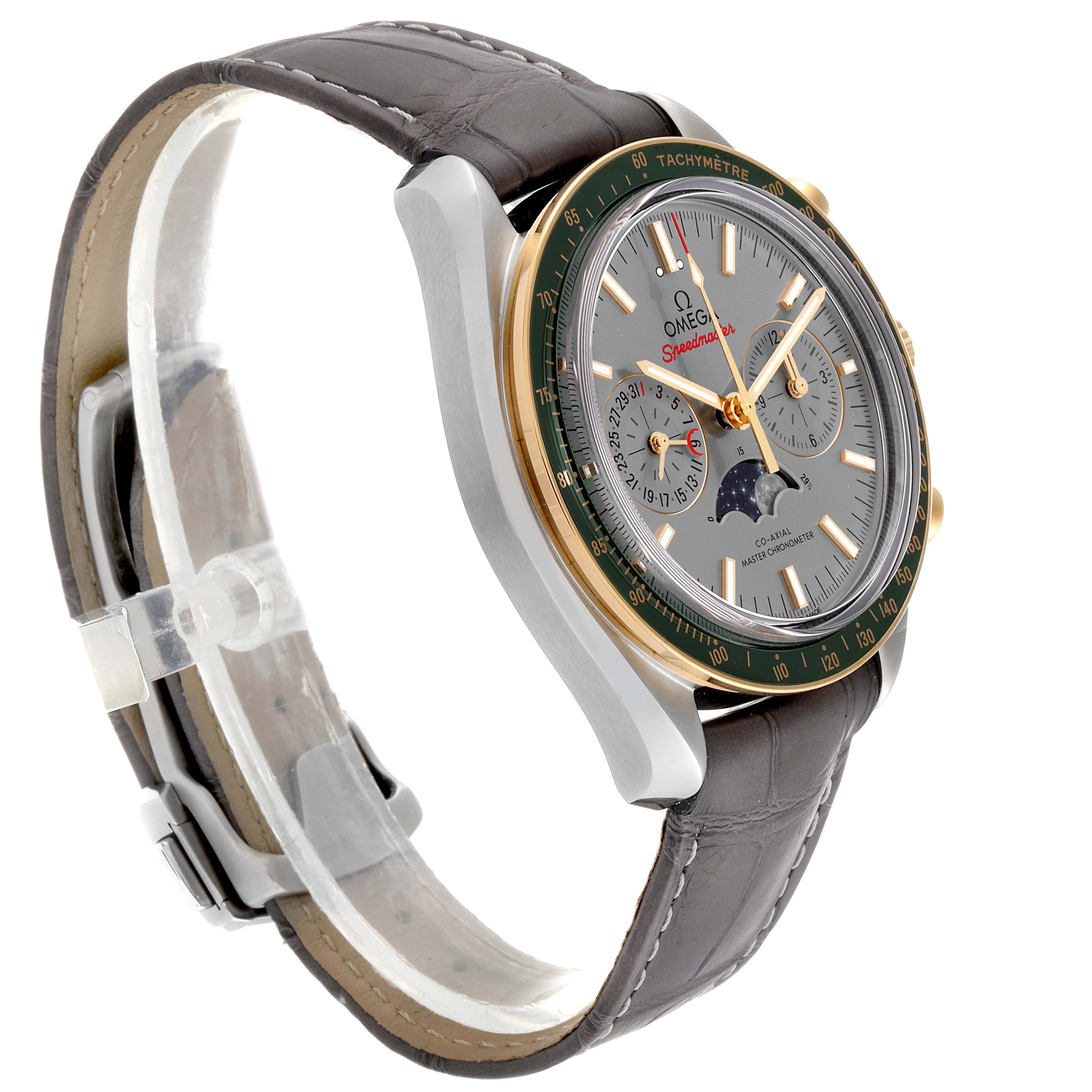 This image shows the Omega Speedmaster 304.23.44.52.06.001 Men's Steel and Gold (two tone) Grey Dial 304.23.44.52.06.001 Men's Steel and Gold (two tone) Grey Dial watch from a side angle, highlighting the face, bezel, strap, and lugs.