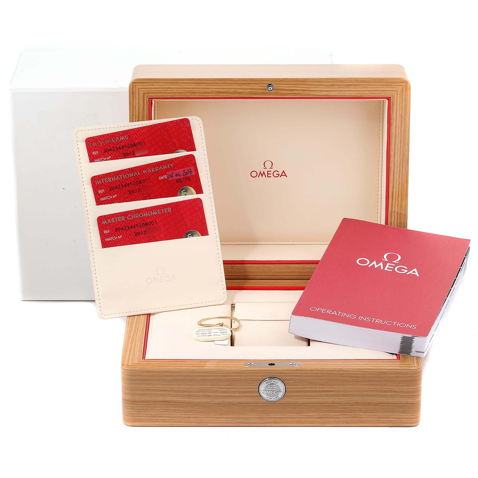 The image shows an Omega Speedmaster 304.23.44.52.06.001 Men's Steel and Gold (two tone) Grey Dial 304.23.44.52.06.001 Men's Steel and Gold (two tone) Grey Dial watch box, operating instructions, warranty cards, and accessories from a straight-on angle.