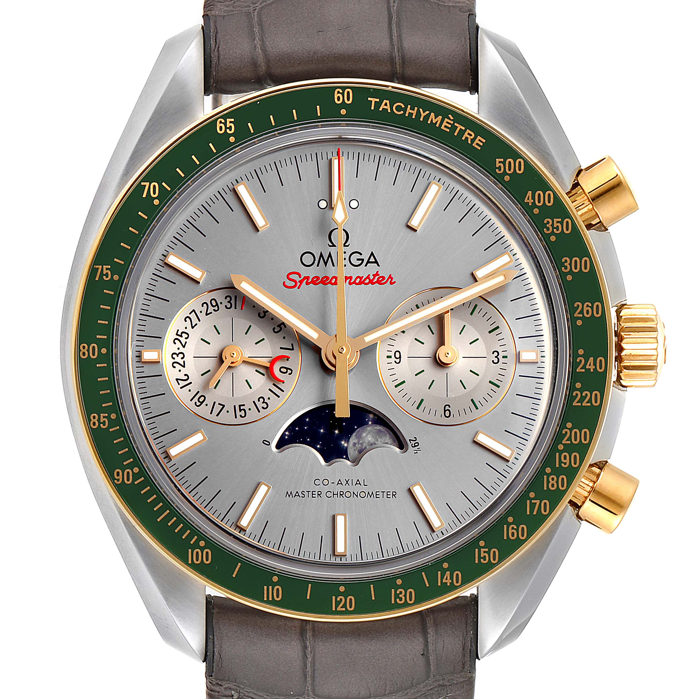 The image shows a frontal view of an Omega Speedmaster 304.23.44.52.06.001 Men's Steel and Gold (two tone) Grey Dial 304.23.44.52.06.001 Men's Steel and Gold (two tone) Grey Dial watch, highlighting its dial, subdials, and moon phase indicator.