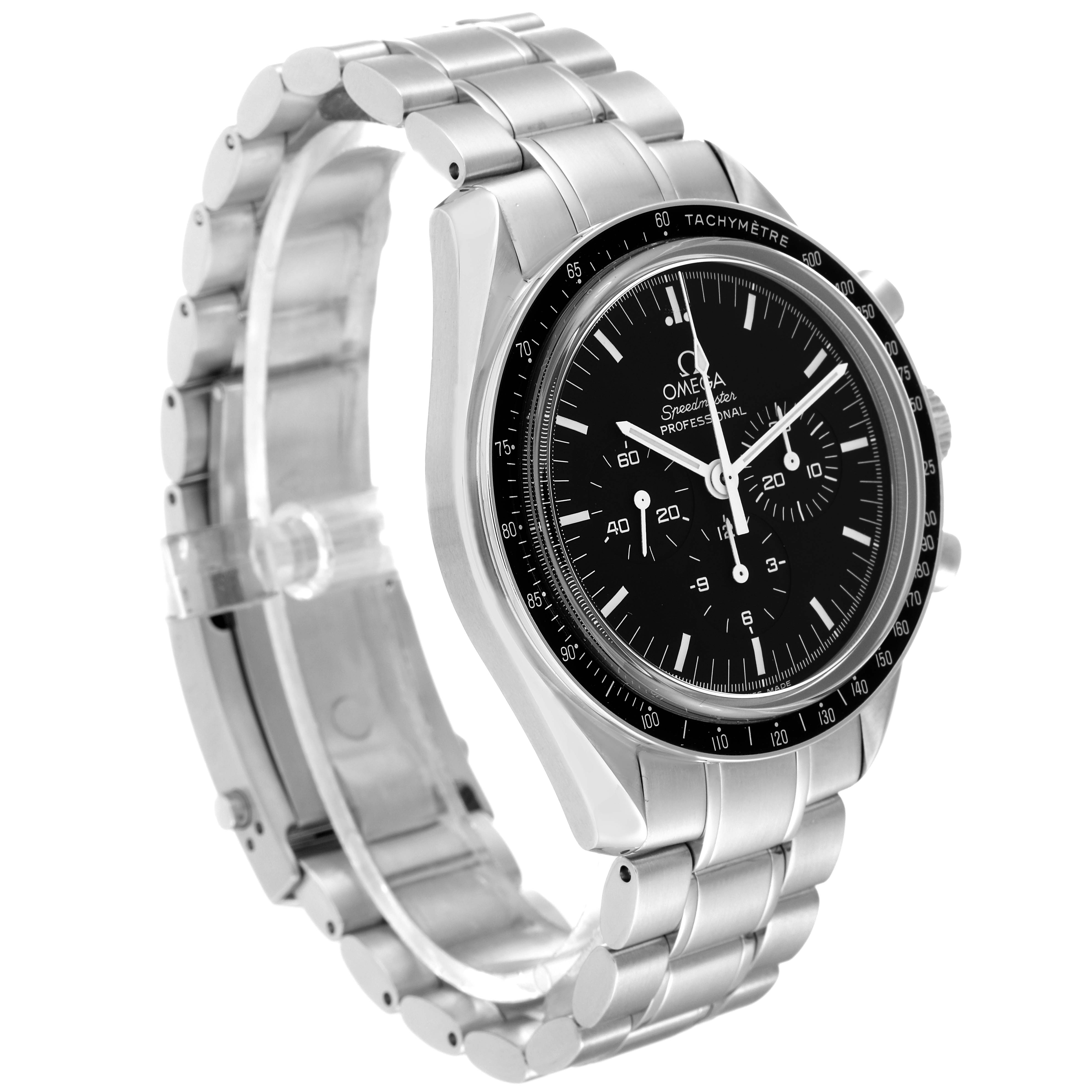The image shows an Omega Speedmaster 3573.50.00 Men's Stainless Steel Black Dial 3573.50.00 Men's Stainless Steel Black Dial watch at a 3/4 angle, highlighting the face, bezel, bracelet, and clasp.
