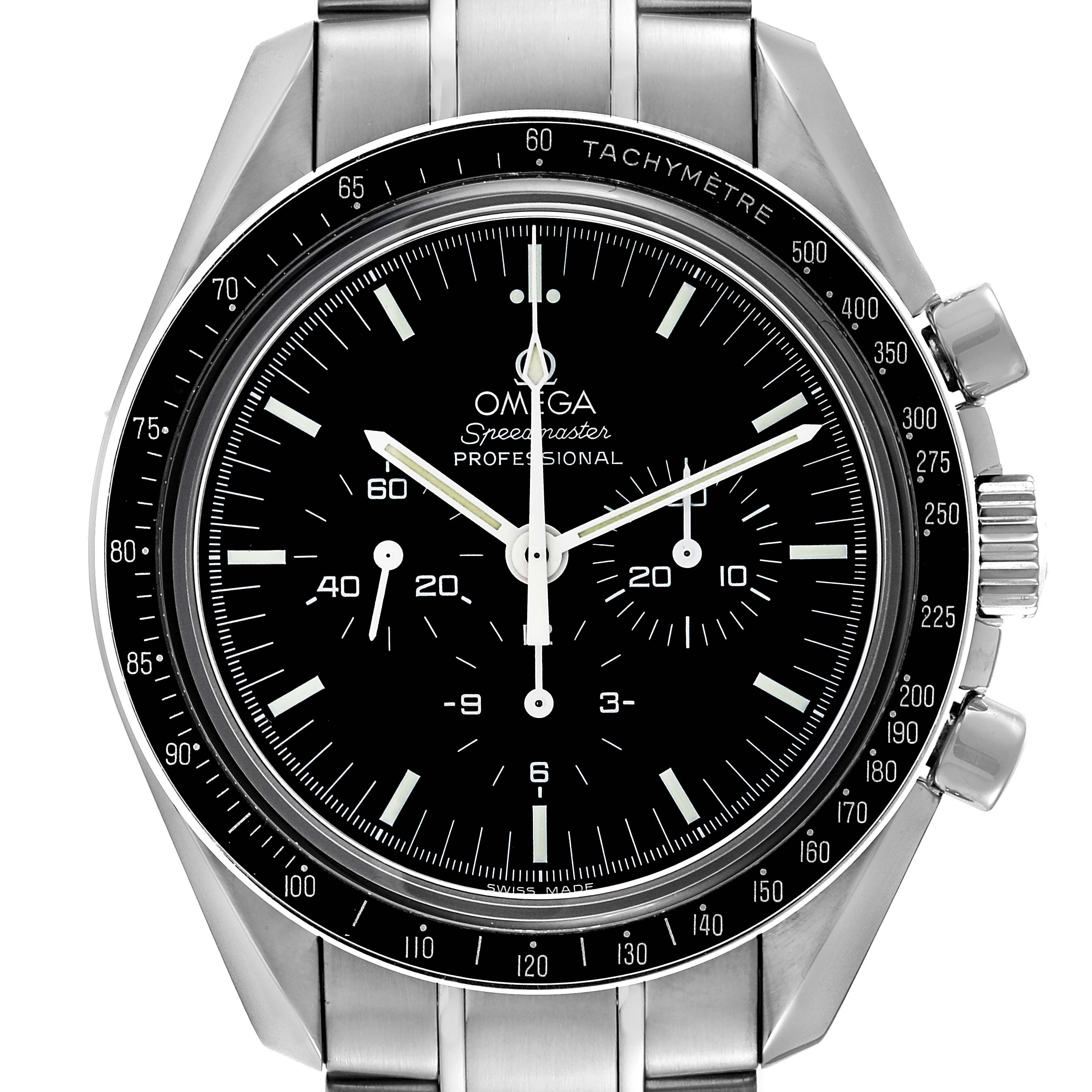 The image shows a front view of the Omega Speedmaster 3573.50.00 Men's Stainless Steel Black Dial 3573.50.00 Men's Stainless Steel Black Dial Professional watch, displaying its dial, bezel, and stainless steel bracelet.