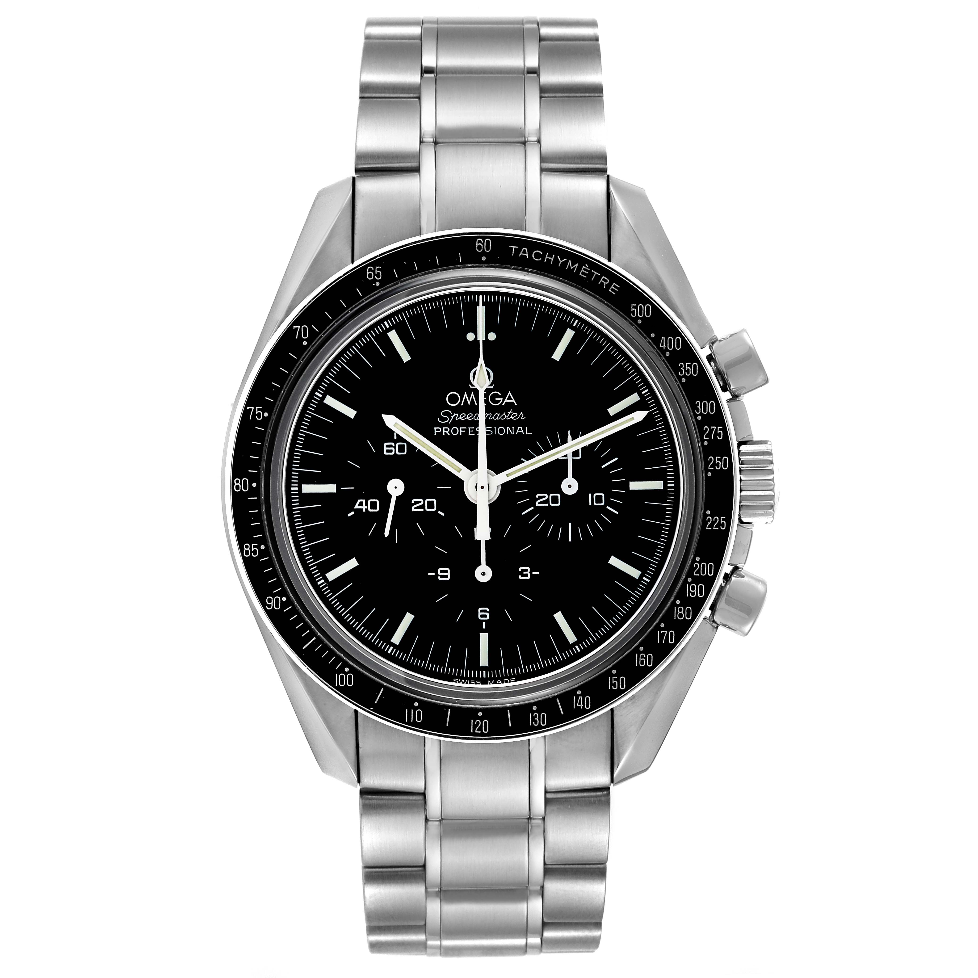 The image shows a front view of the Omega Speedmaster 3573.50.00 Men's Stainless Steel Black Dial 3573.50.00 Men's Stainless Steel Black Dial watch, displaying the dial, bezel, case, and metal bracelet.