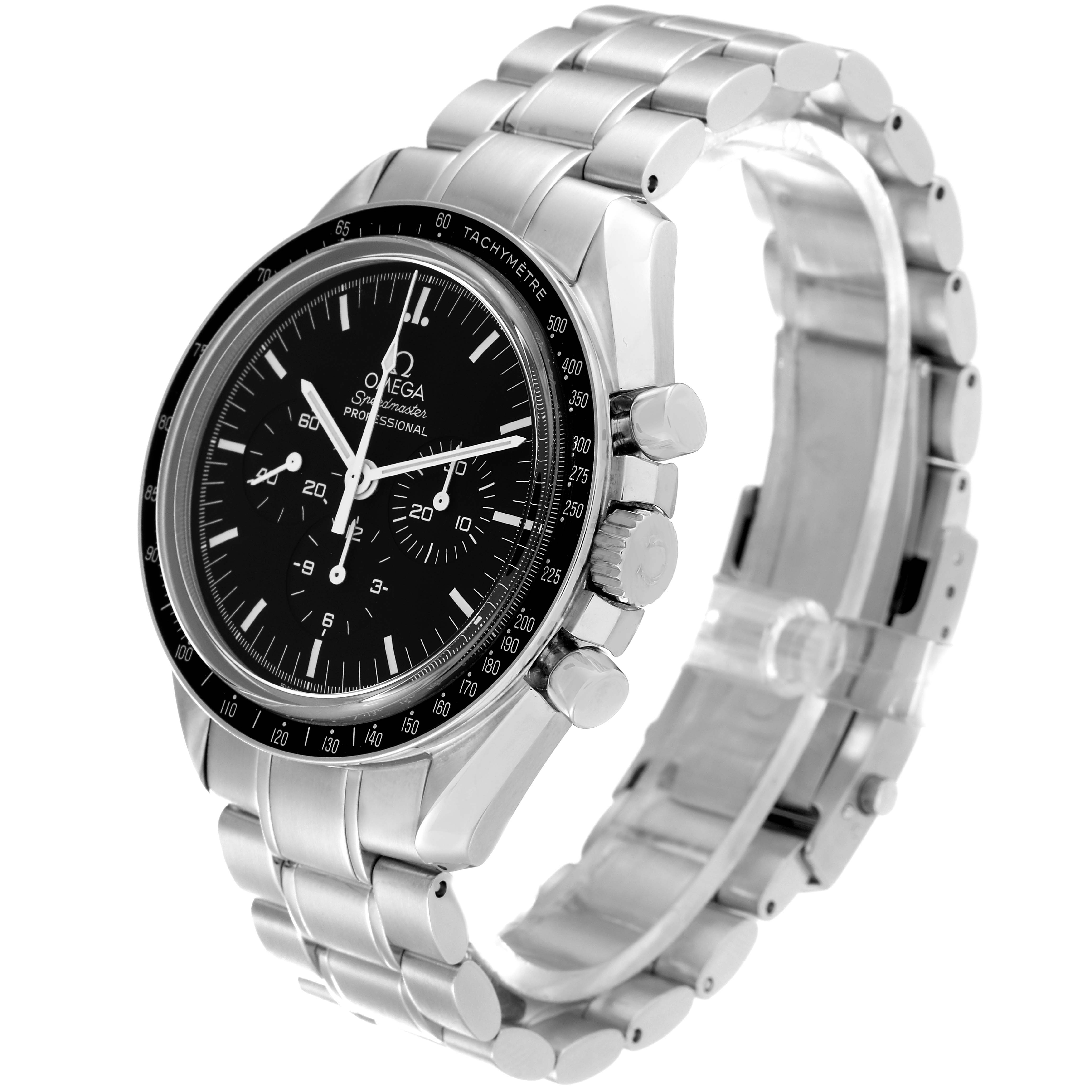 This image shows the Omega Speedmaster 3573.50.00 Men's Stainless Steel Black Dial 3573.50.00 Men's Stainless Steel Black Dial watch at a three-quarter angle, highlighting the face, bezel, crown, and bracelet.
