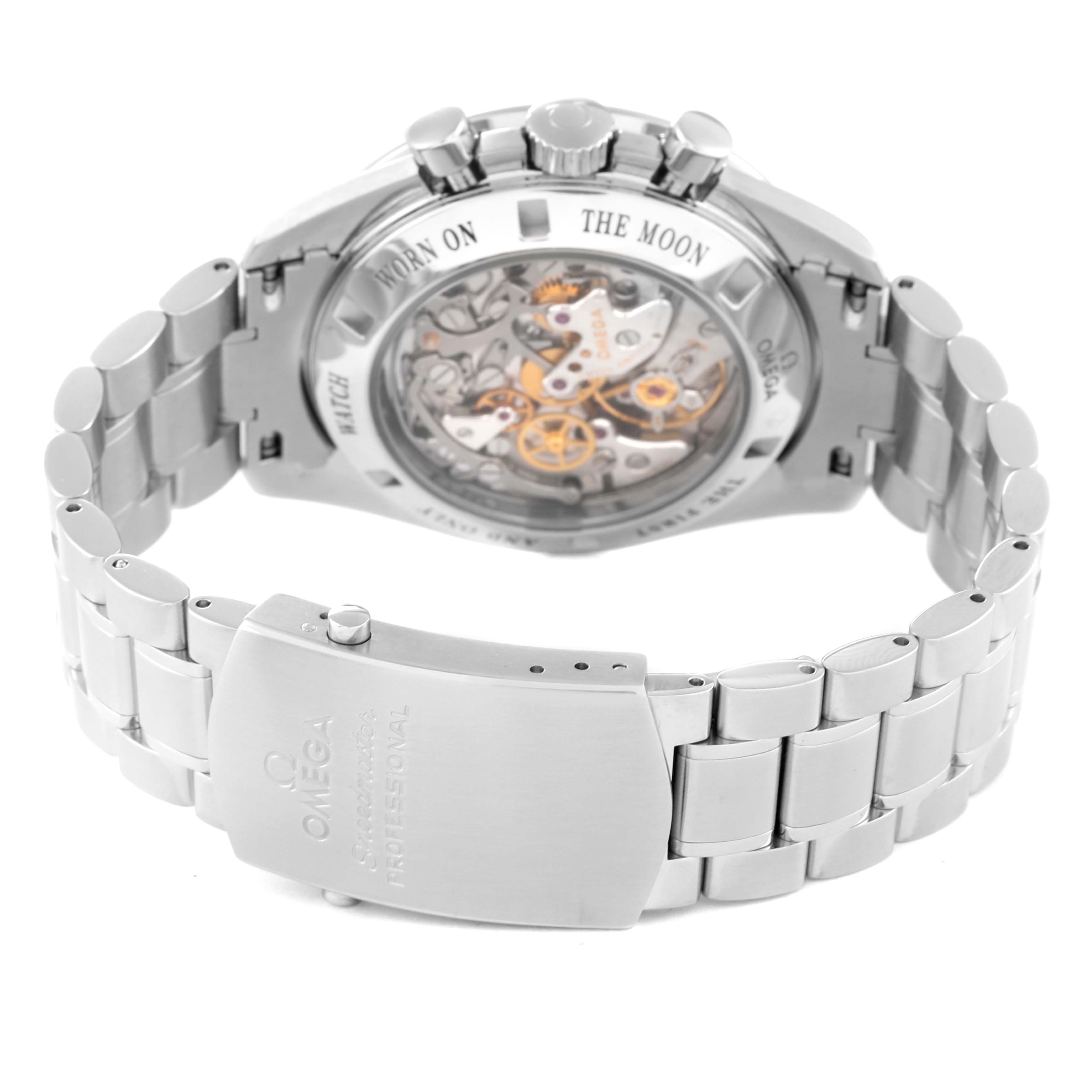 The image shows the back view of the Omega Speedmaster 3573.50.00 Men's Stainless Steel Black Dial 3573.50.00 Men's Stainless Steel Black Dial watch, including its bracelet and exposed movement.