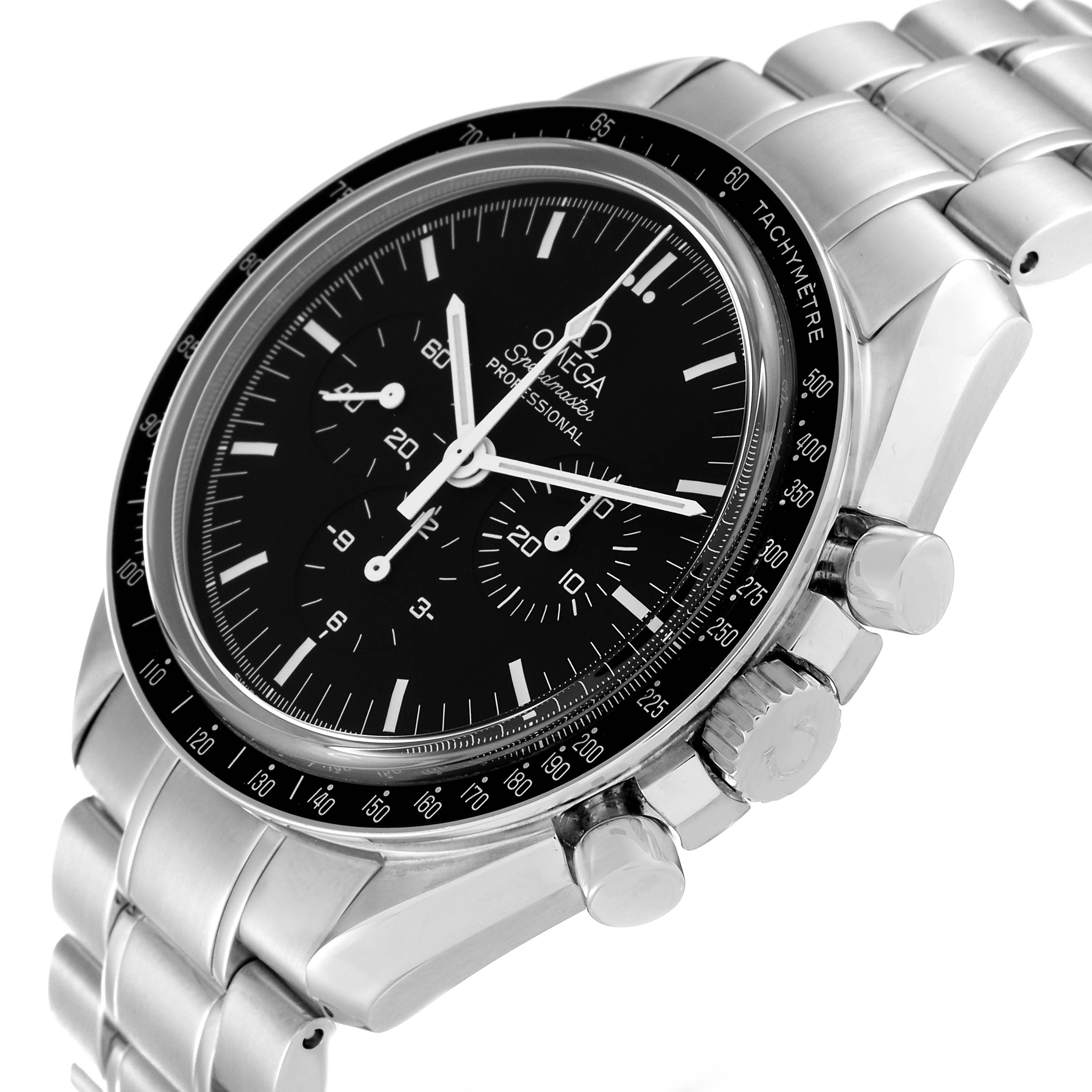 This image shows a side angle of the Omega Speedmaster 3573.50.00 Men's Stainless Steel Black Dial 3573.50.00 Men's Stainless Steel Black Dial watch, highlighting its black dial, bezel, and stainless steel bracelet.