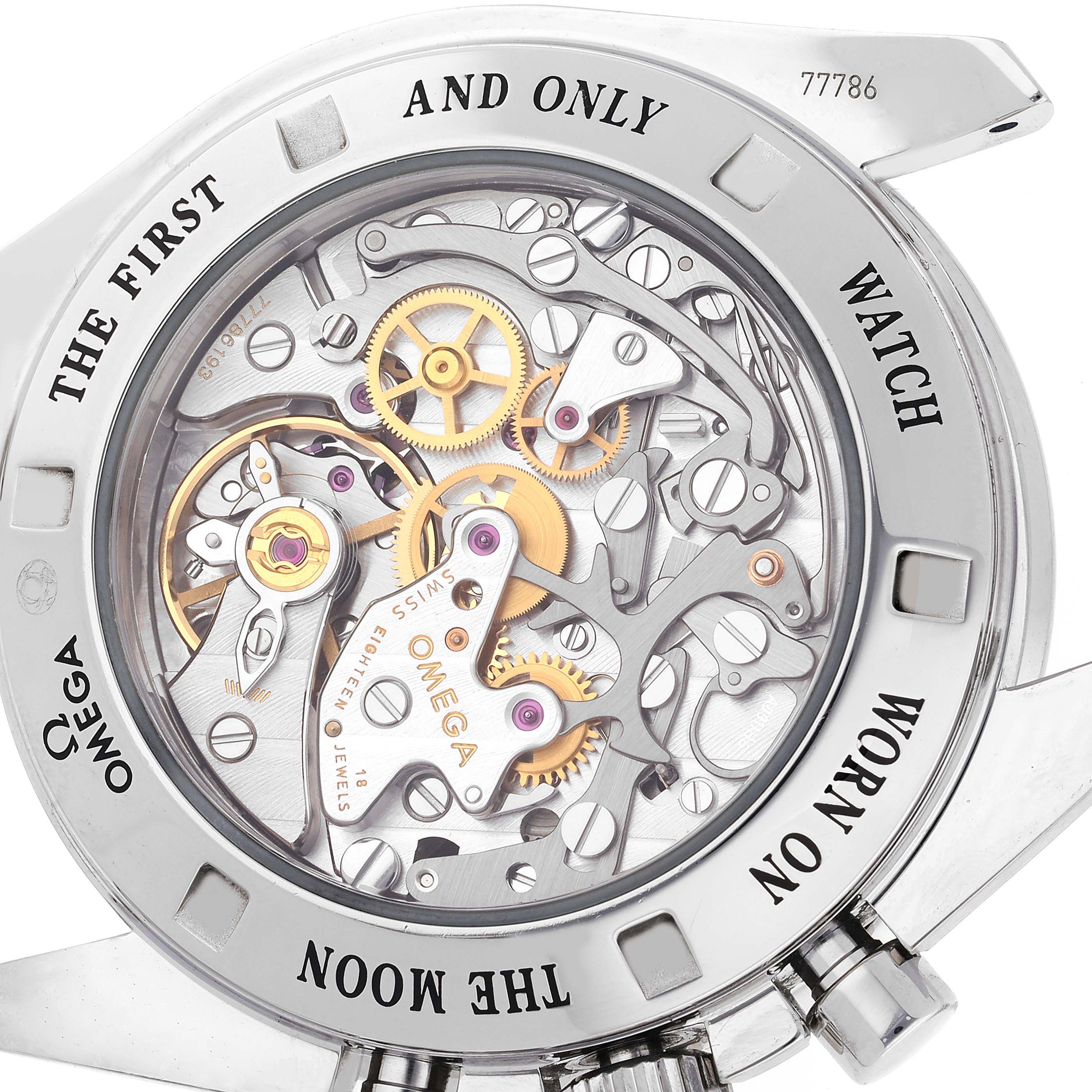 The image shows the intricate movement and internal gears of an Omega Speedmaster 3573.50.00 Men's Stainless Steel Black Dial 3573.50.00 Men's Stainless Steel Black Dial through its transparent case back.