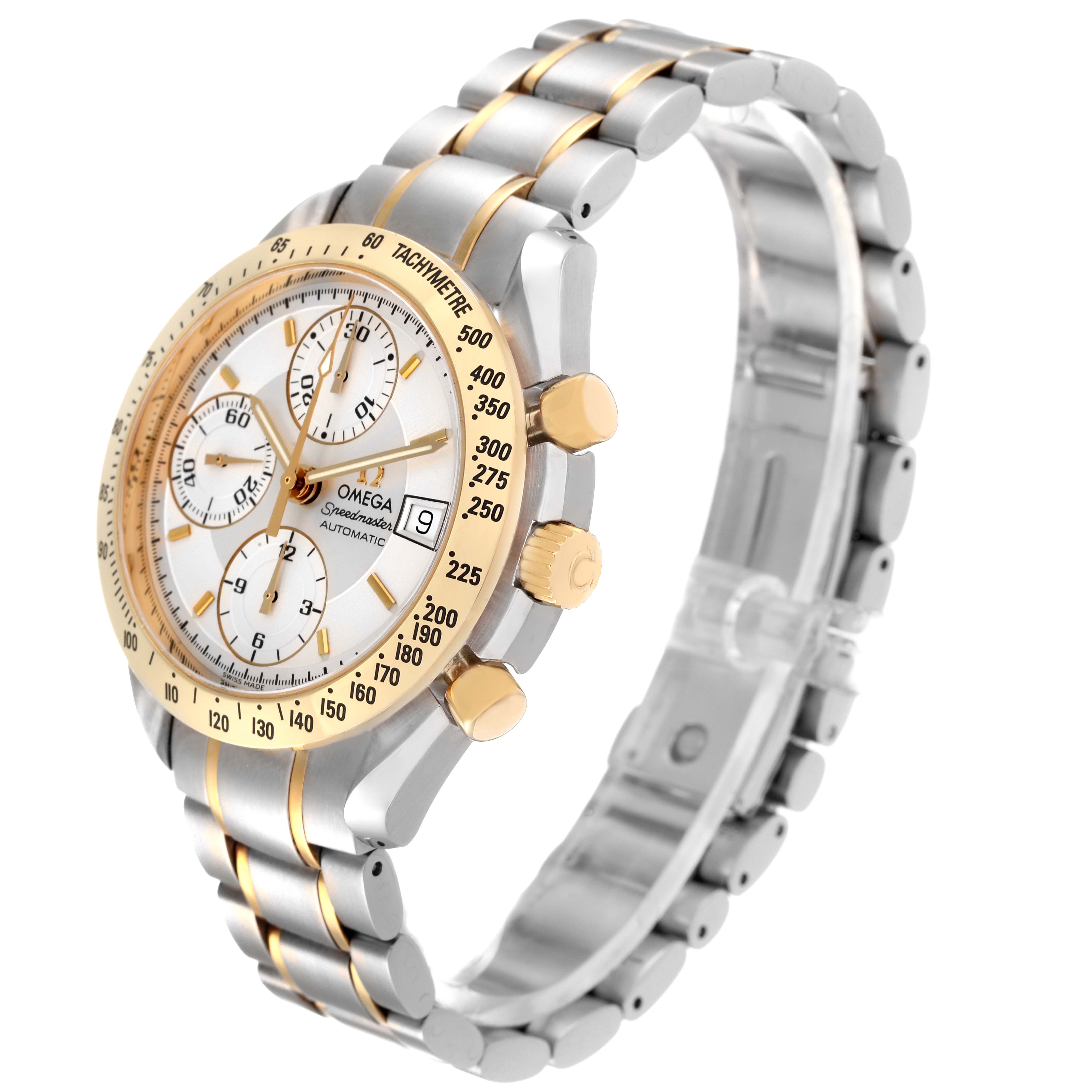 The image shows an angled side view of an Omega Speedmaster 3313.30.00 Men's Steel and Gold (two tone) Silver Dial 3313.30.00 Men's Steel and Gold (two tone) Silver Dial watch, highlighting its dial, bezel, and bracelet.