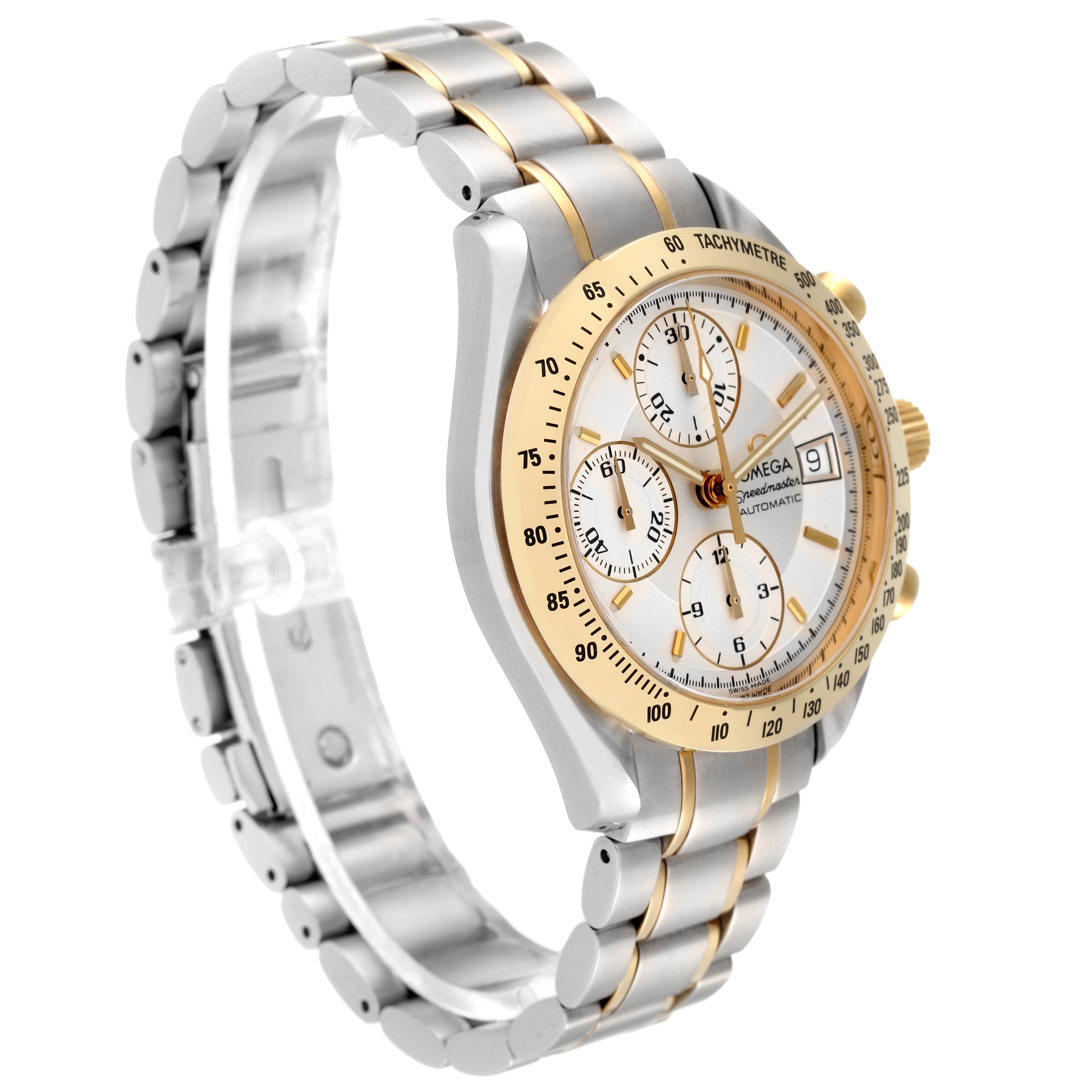 The Omega Speedmaster 3313.30.00 Men's Steel and Gold (two tone) Silver Dial 3313.30.00 Men's Steel and Gold (two tone) Silver Dial watch is shown at a three-quarter angle, highlighting the face, bezel, and part of the band.