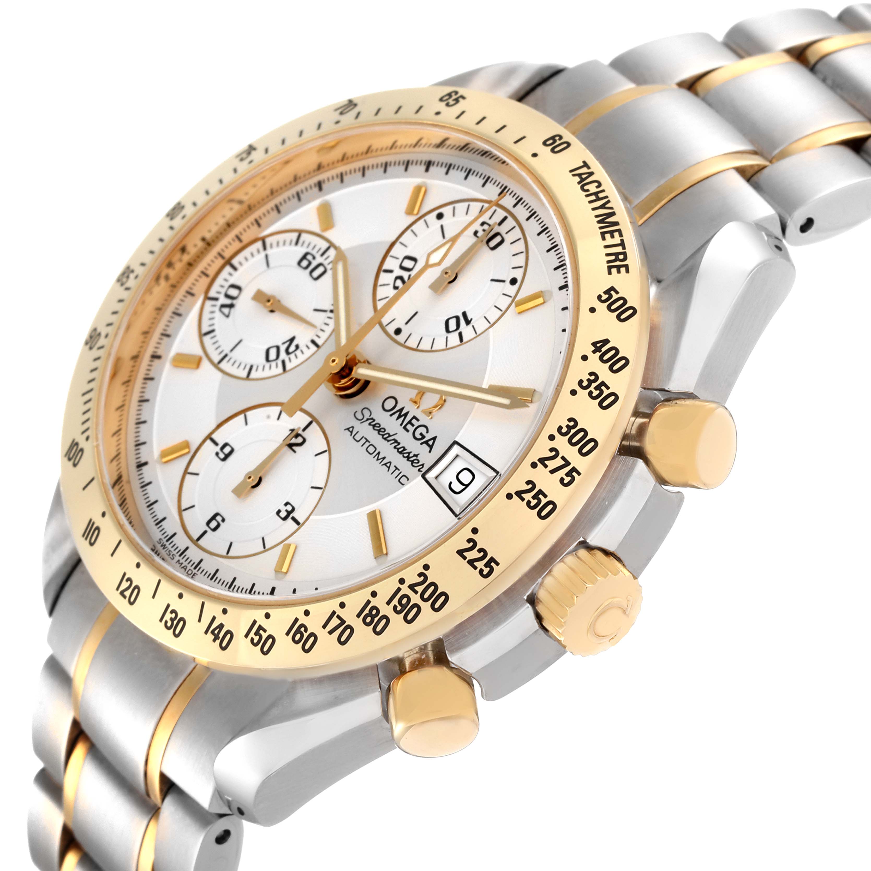 This Omega Speedmaster 3313.30.00 Men's Steel and Gold (two tone) Silver Dial 3313.30.00 Men's Steel and Gold (two tone) Silver Dial watch is shown at an angled close-up, displaying the dial, bezel, crowns, and part of the bracelet.