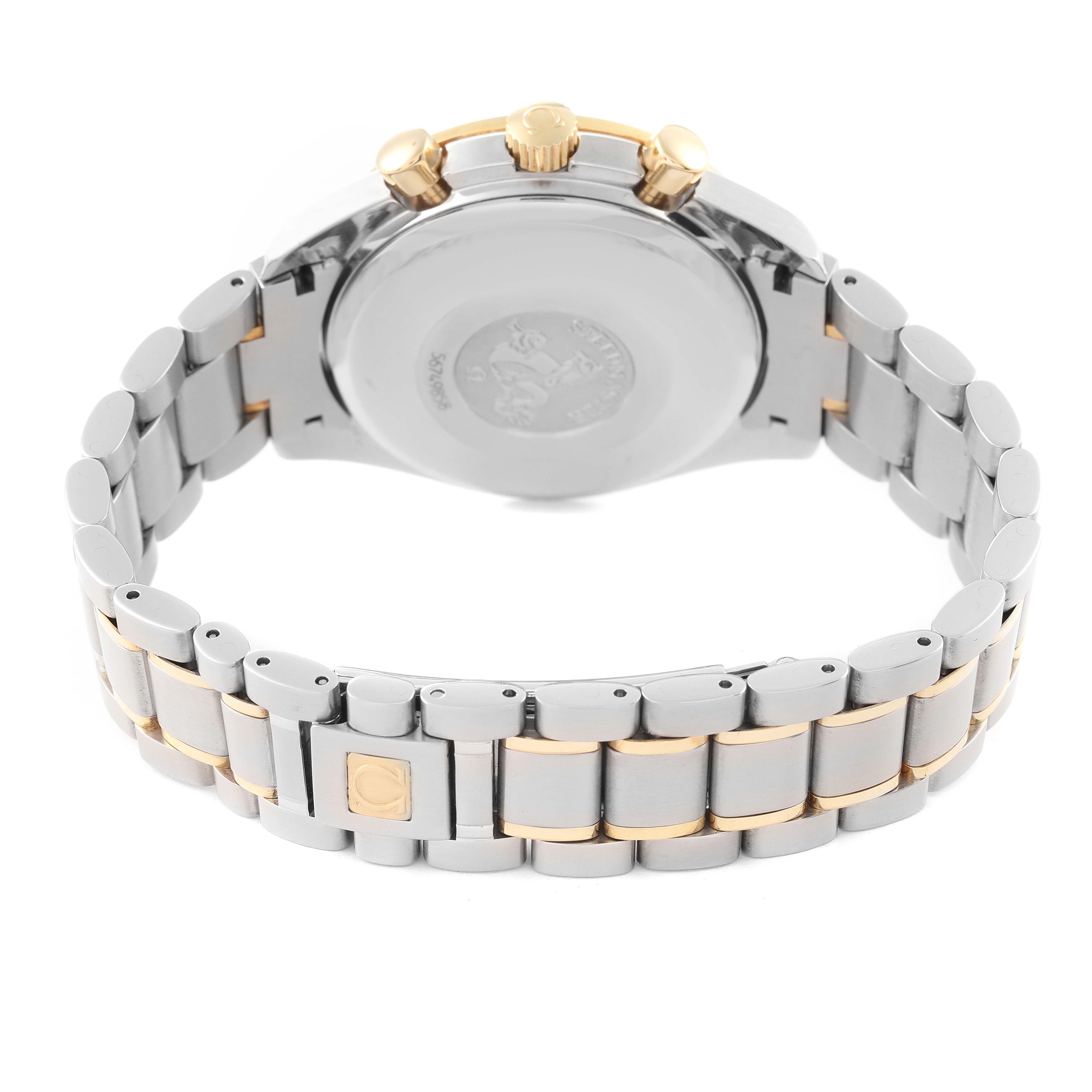 The Omega Speedmaster 3313.30.00 Men's Steel and Gold (two tone) Silver Dial 3313.30.00 Men's Steel and Gold (two tone) Silver Dial watch is shown from the back, highlighting its case back, bracelet, and clasp with gold accents.