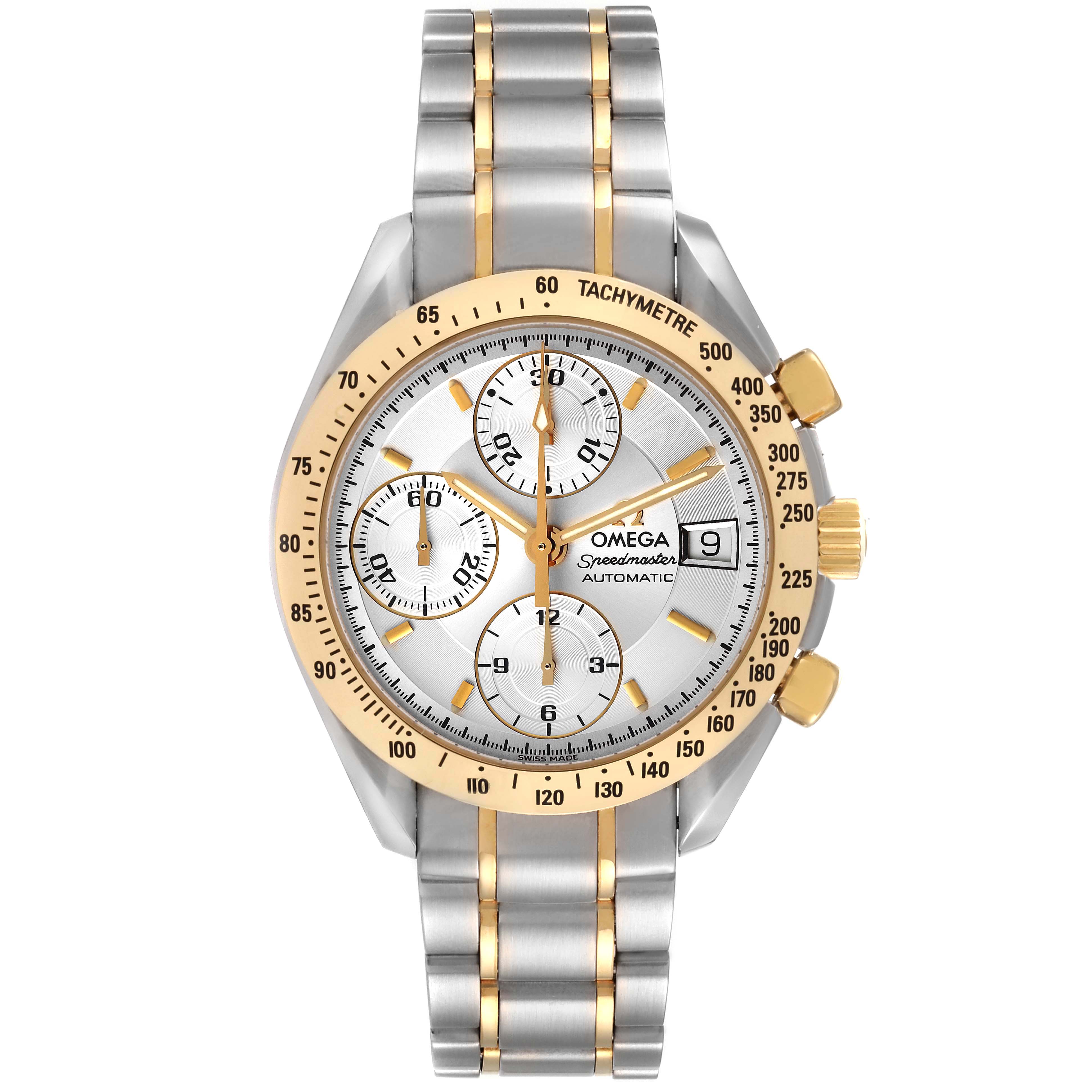 The image shows a front view of the Omega Speedmaster 3313.30.00 Men's Steel and Gold (two tone) Silver Dial 3313.30.00 Men's Steel and Gold (two tone) Silver Dial watch, highlighting its face, bezel, subdials, and two-tone bracelet.
