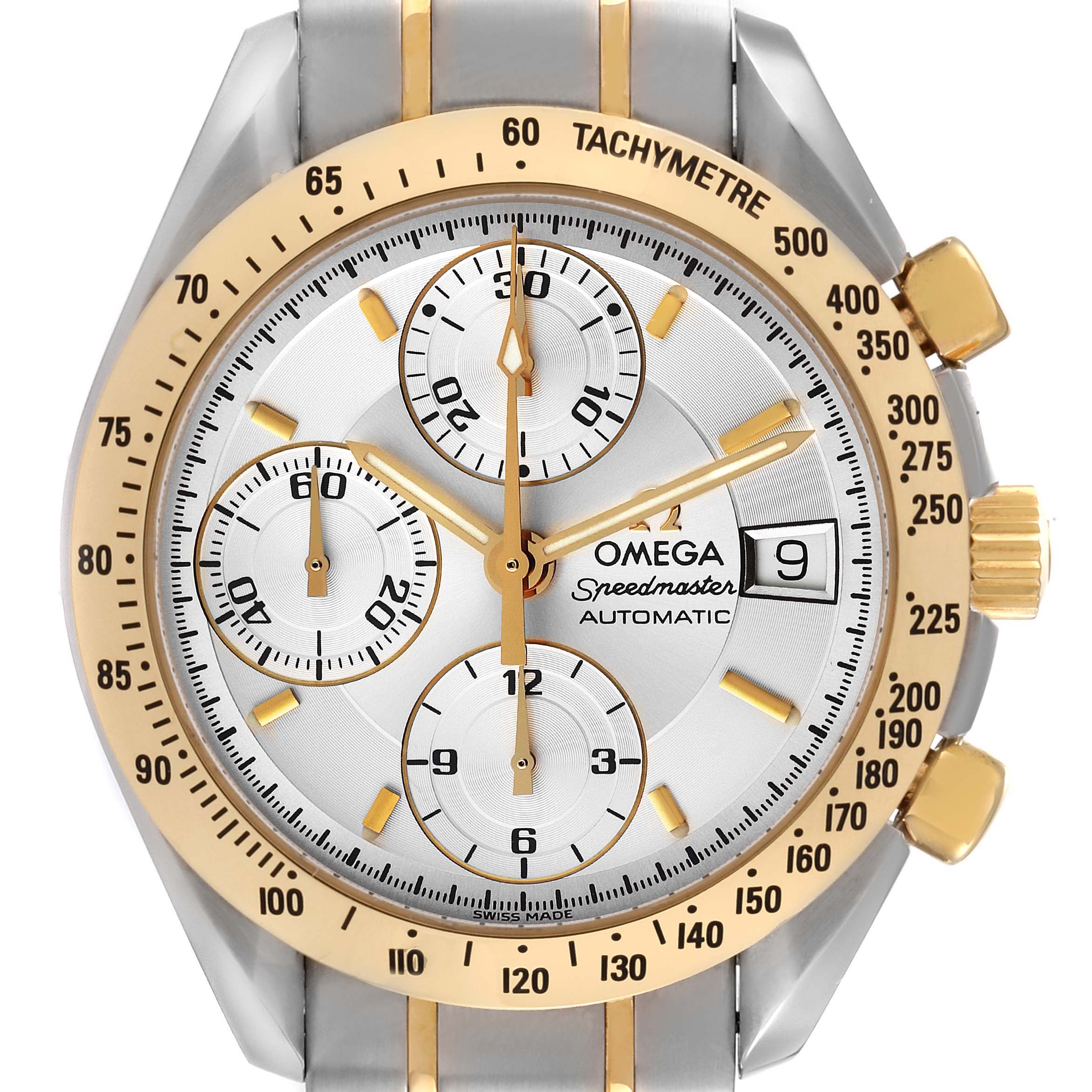 The image shows a close-up view of the Omega Speedmaster 3313.30.00 Men's Steel and Gold (two tone) Silver Dial 3313.30.00 Men's Steel and Gold (two tone) Silver Dial watch face, highlighting the tachymeter, subdials, and date window.