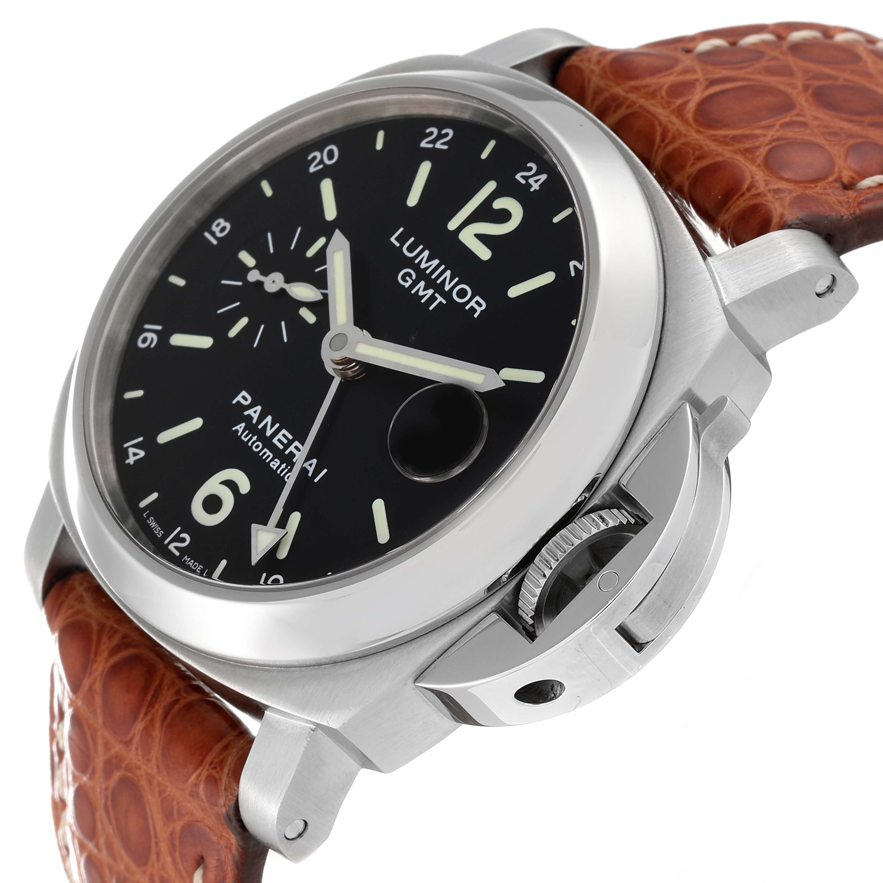 The image shows a side view of the Panerai Luminor PAM00244 Men
s Stainless Steel Black Dial PAM00244 Men
s Stainless Steel Black Dial GMT with its crown guard and brown leather strap visible.