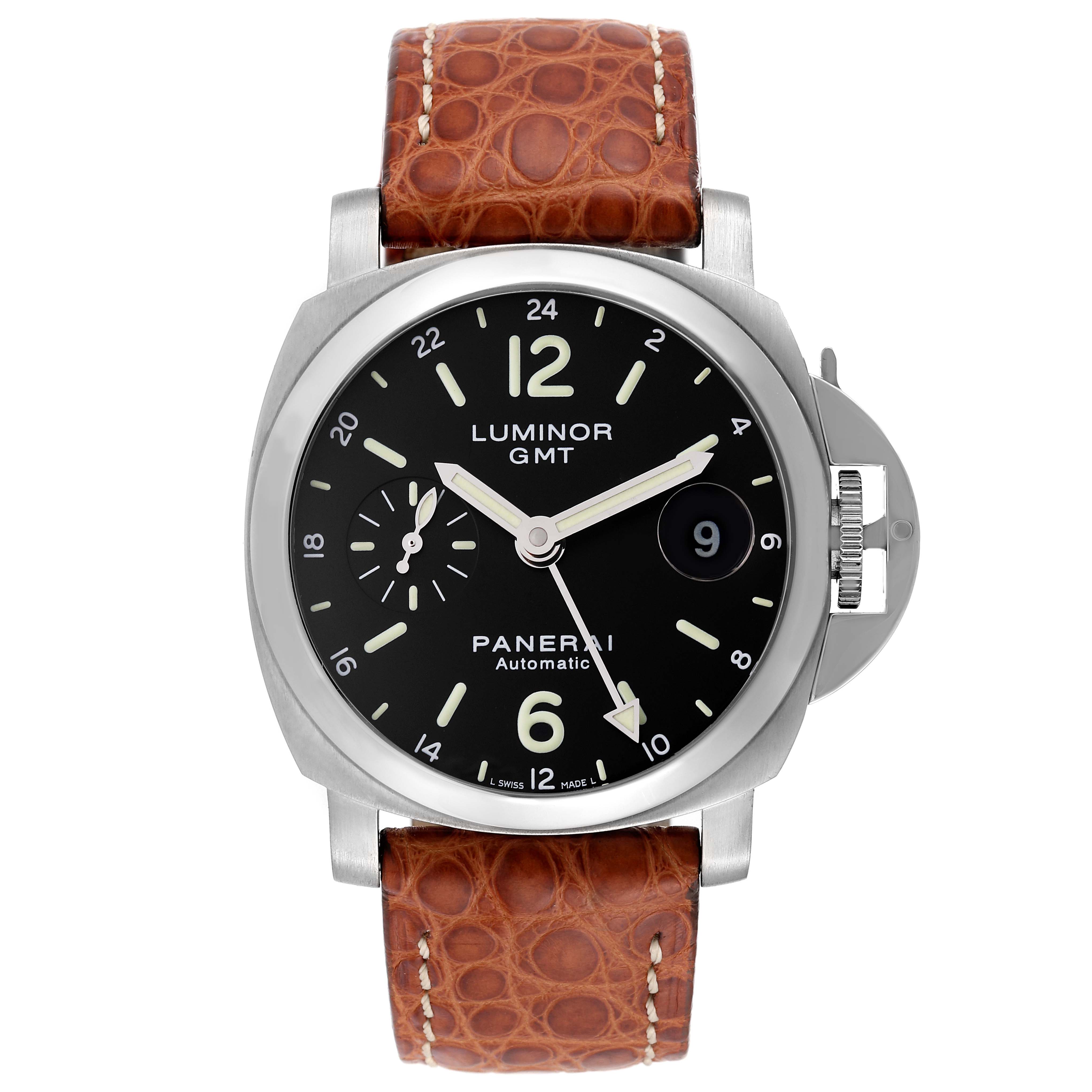 This image shows a front view of the Panerai Luminor PAM00244 Men
s Stainless Steel Black Dial PAM00244 Men
s Stainless Steel Black Dial GMT watch with its black dial, brown leather strap, and crown guard.