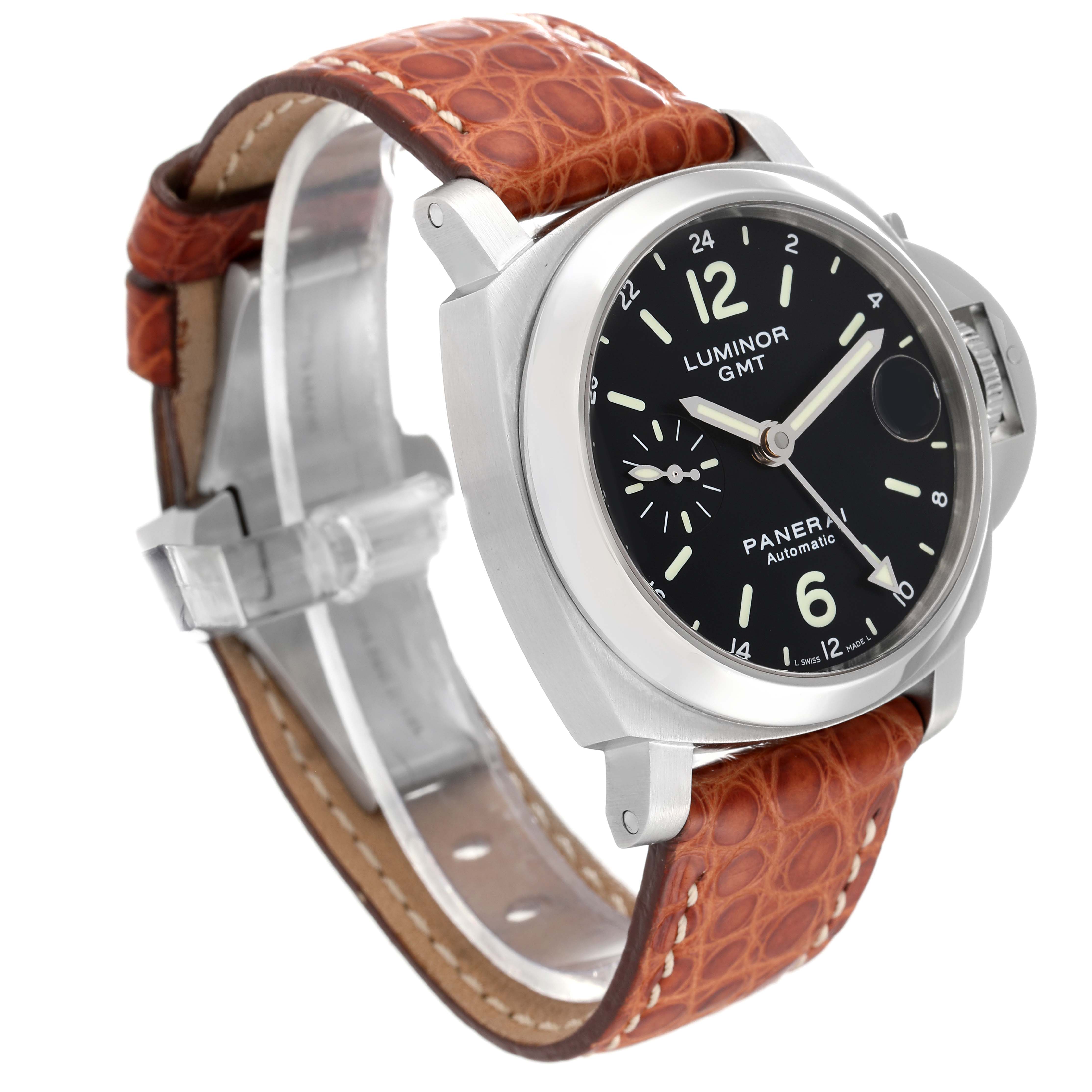 The image shows a Panerai Luminor PAM00244 Men
s Stainless Steel Black Dial PAM00244 Men
s Stainless Steel Black Dial GMT watch at an angle displaying the face, brown leather strap, and side of the case with crown guard.