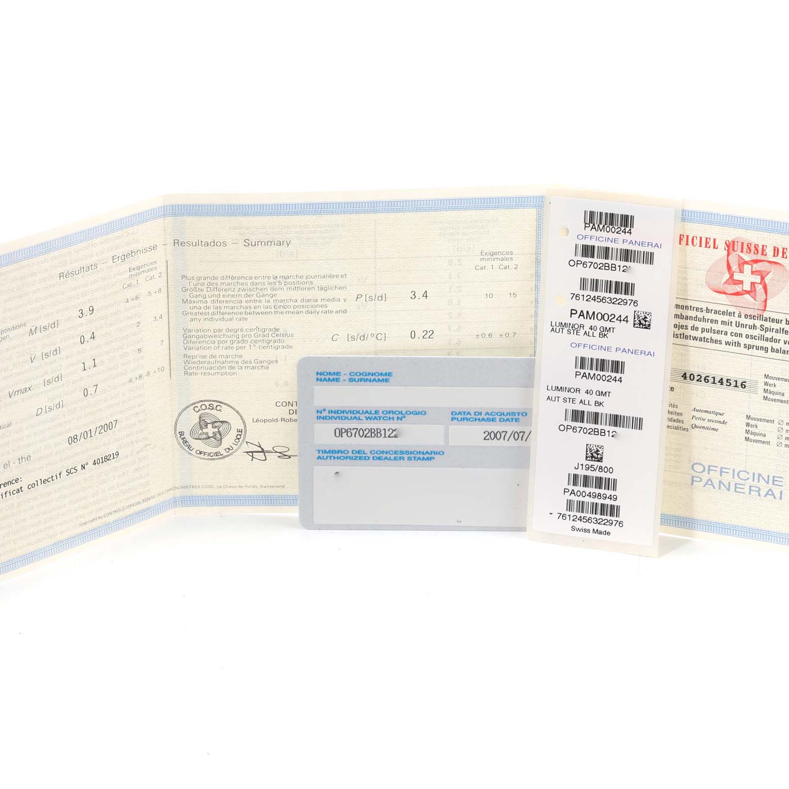 The image shows the warranty card and certificates for a Panerai Luminor PAM00244 Men
s Stainless Steel Black Dial PAM00244 Men
s Stainless Steel Black Dial 44 mm GMT model, including COSC certification and Best Quality
ity details.