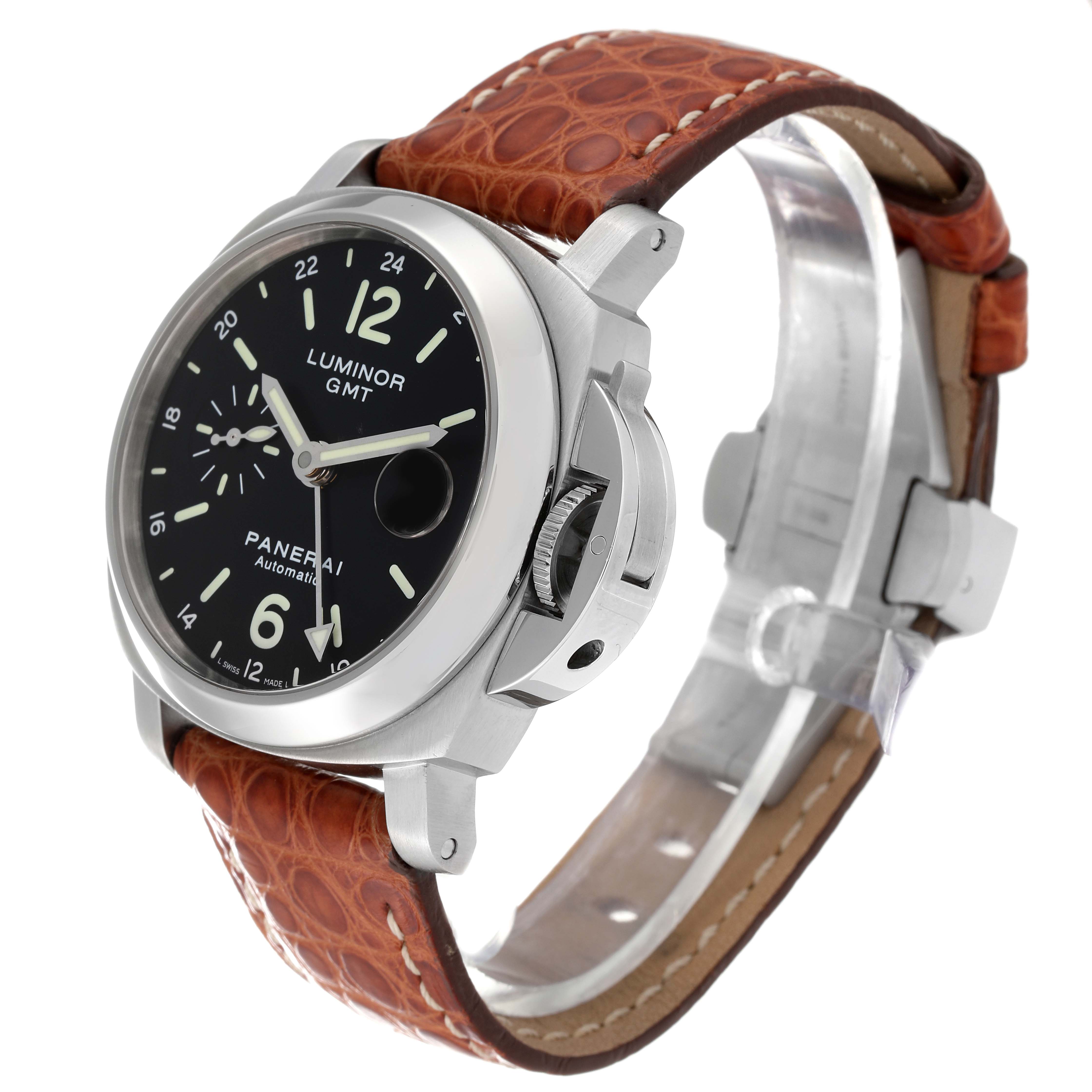 This Panerai Luminor PAM00244 Men
s Stainless Steel Black Dial PAM00244 Men
s Stainless Steel Black Dial GMT watch is shown at a three-quarter angle, highlighting the crown, dial, and leather strap.