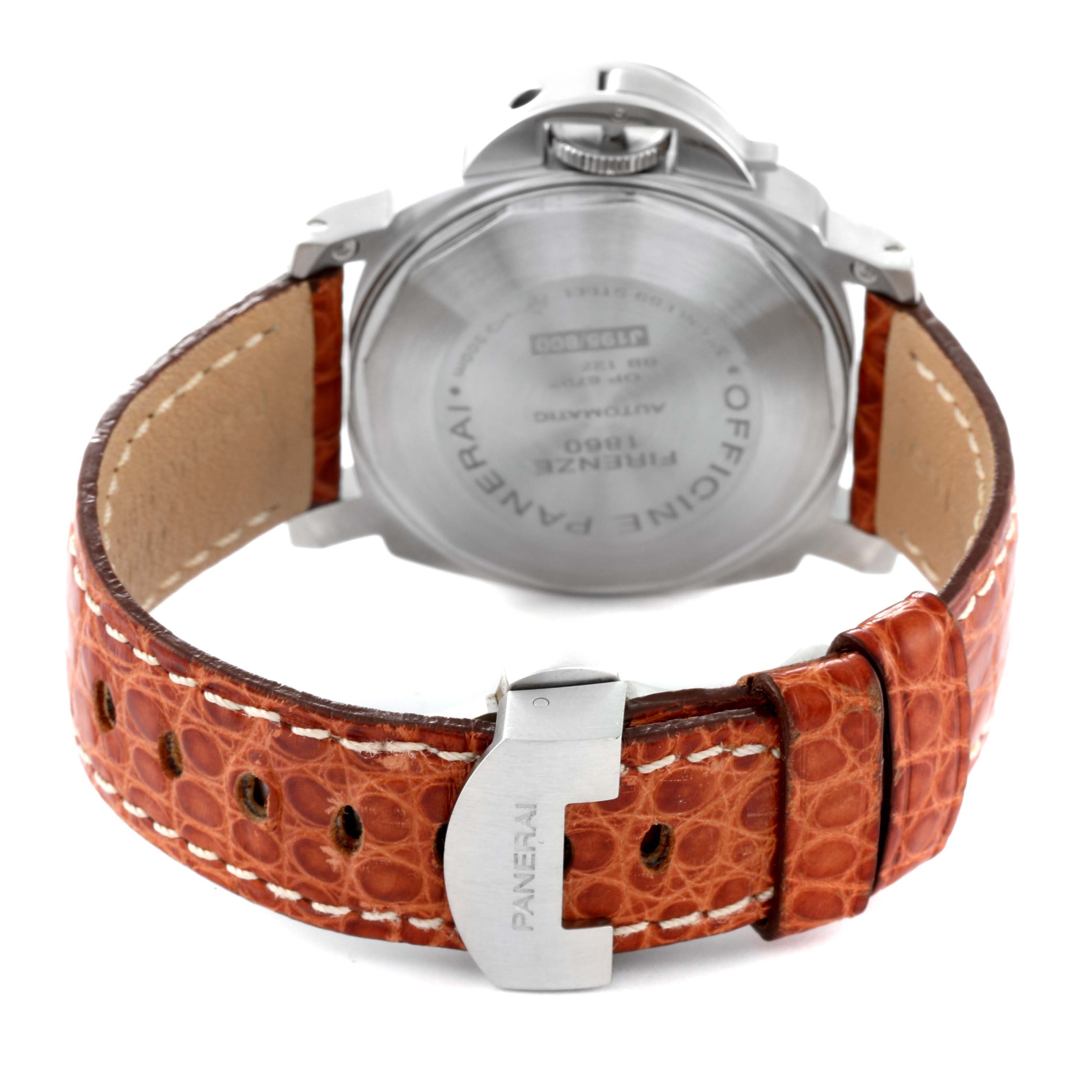 The image shows the back case, crown, and brown leather strap of a Panerai Luminor PAM00244 Men
s Stainless Steel Black Dial PAM00244 Men
s Stainless Steel Black Dial watch from an angled rear view.