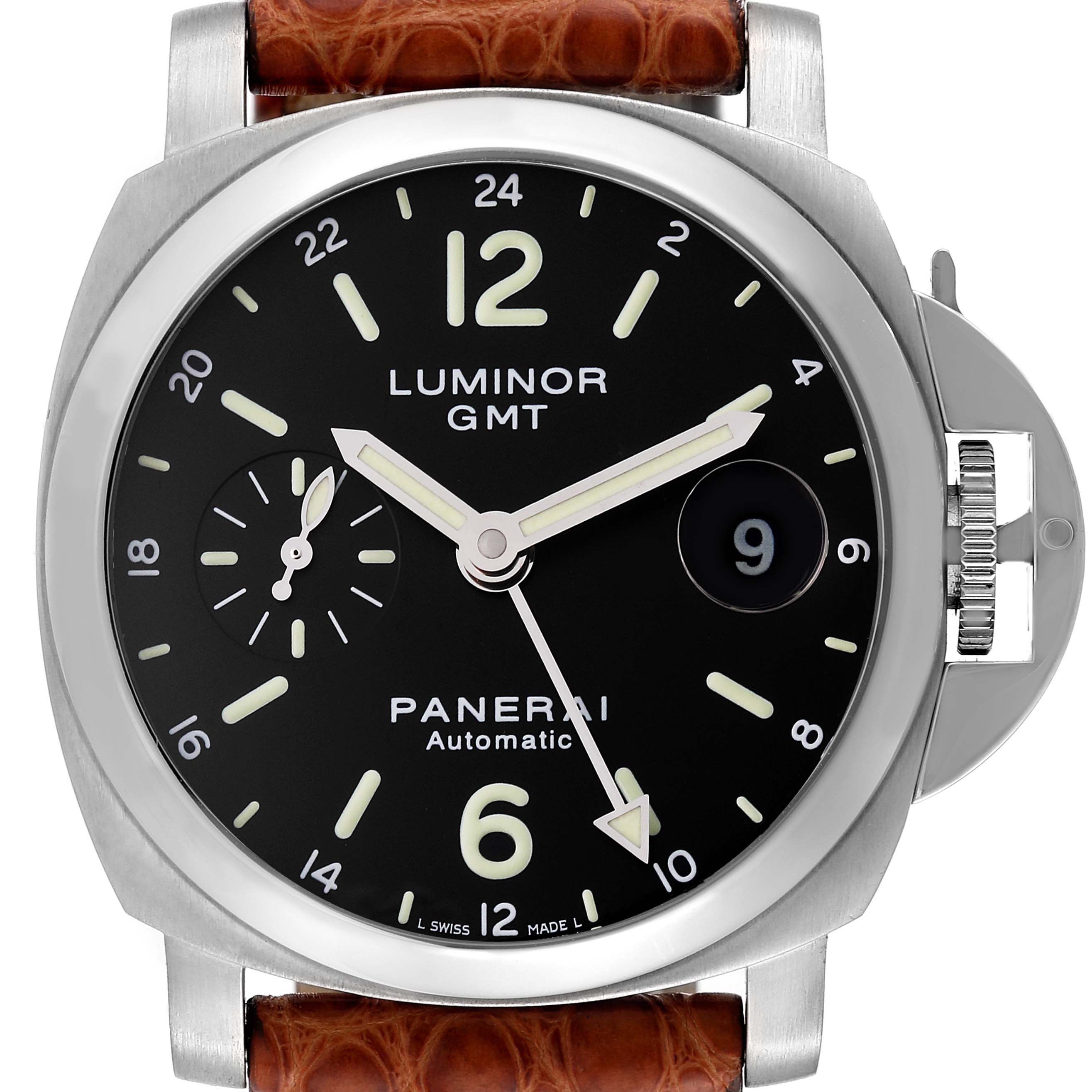 The image shows a front view of a Panerai Luminor PAM00244 Men
s Stainless Steel Black Dial PAM00244 Men
s Stainless Steel Black Dial GMT watch, displaying its dial, case, crown guard, and part of the leather strap.