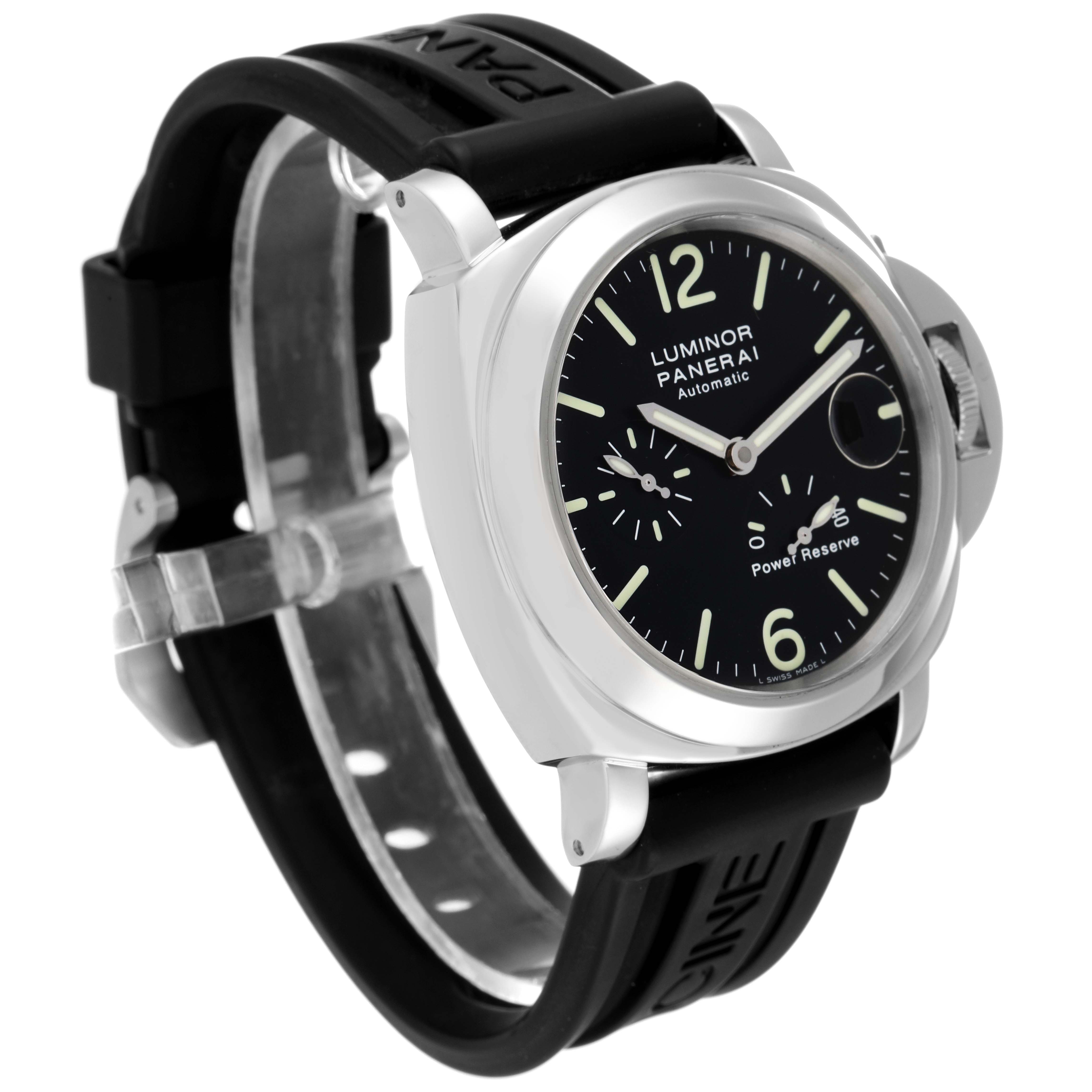 The image shows a Panerai Luminor PAM00090 Men's Stainless Steel Black Dial PAM00090 Men's Stainless Steel Black Dial model watch at a three-quarter angle, highlighting the dial, case, and strap.