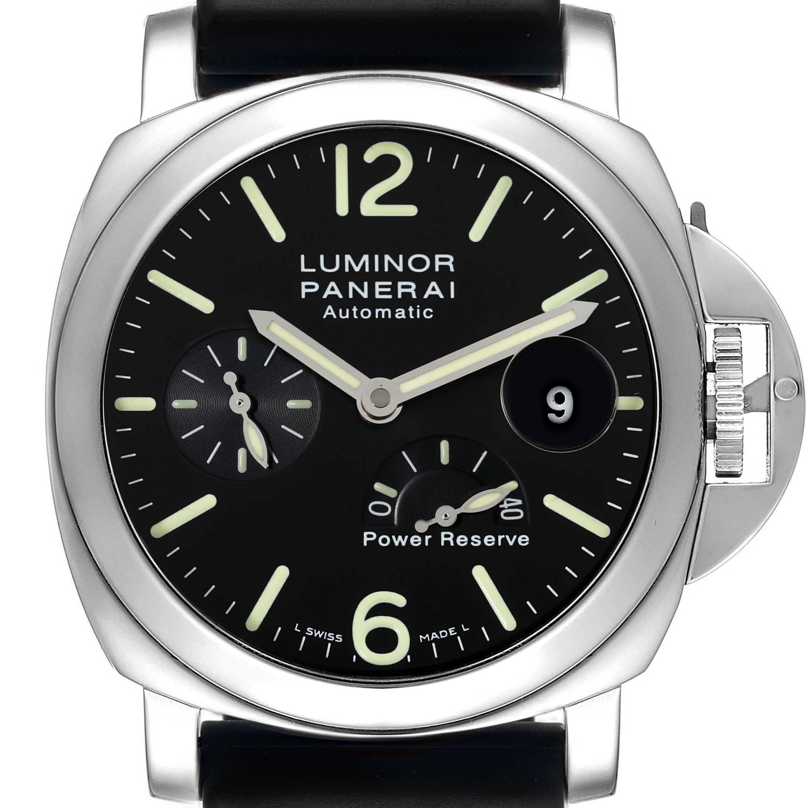 The image shows a front view of the Panerai Luminor PAM00090 Men's Stainless Steel Black Dial PAM00090 Men's Stainless Steel Black Dial Automatic watch, highlighting its dial, hands, and power reserve indicator.