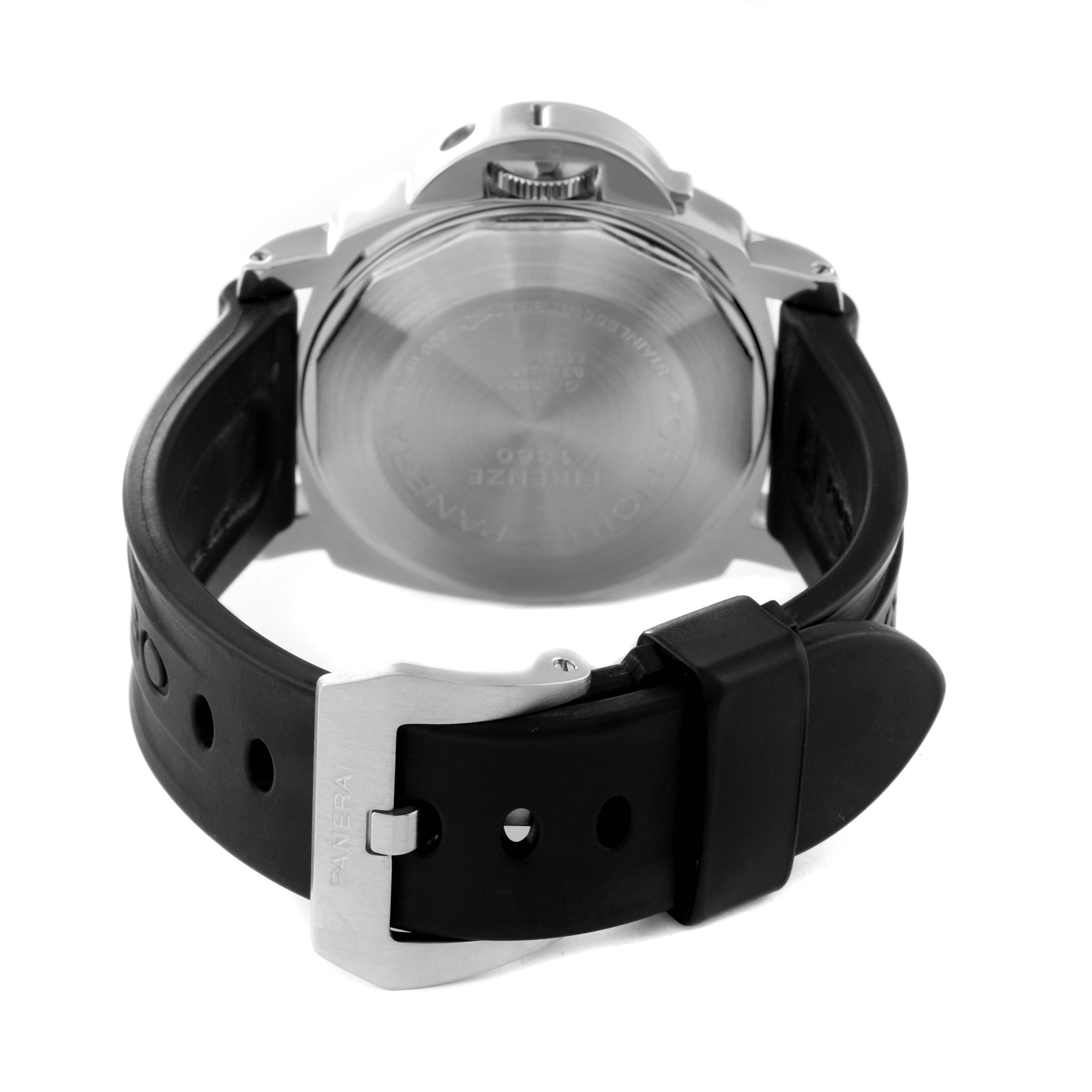 This image shows the back view of a Panerai Luminor PAM00090 Men's Stainless Steel Black Dial PAM00090 Men's Stainless Steel Black Dial watch, focusing on its case back and black rubber strap with a buckle.