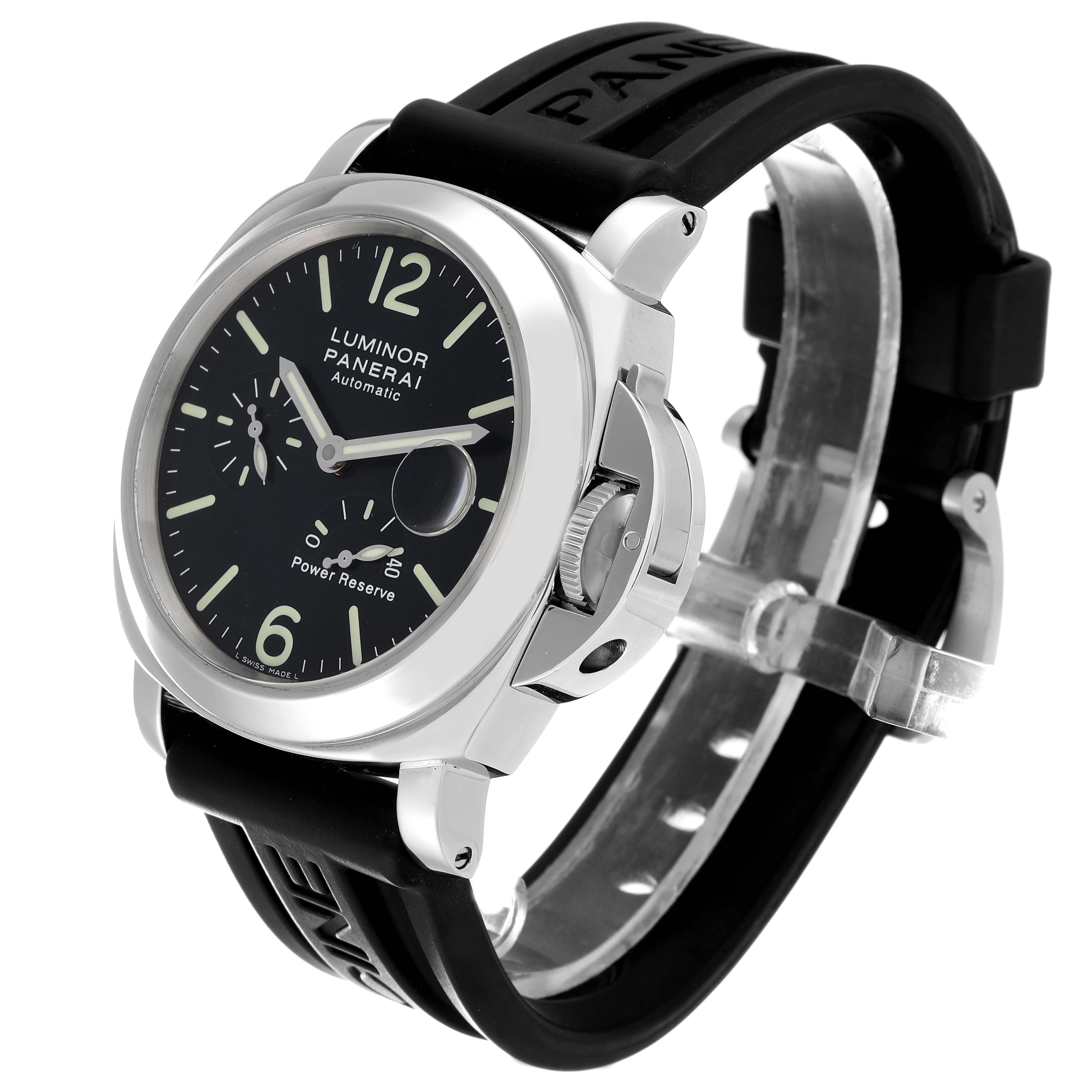 The image shows a Panerai Luminor PAM00090 Men's Stainless Steel Black Dial PAM00090 Men's Stainless Steel Black Dial watch from a front side angle, highlighting the dial, crown guard, and rubber strap.
