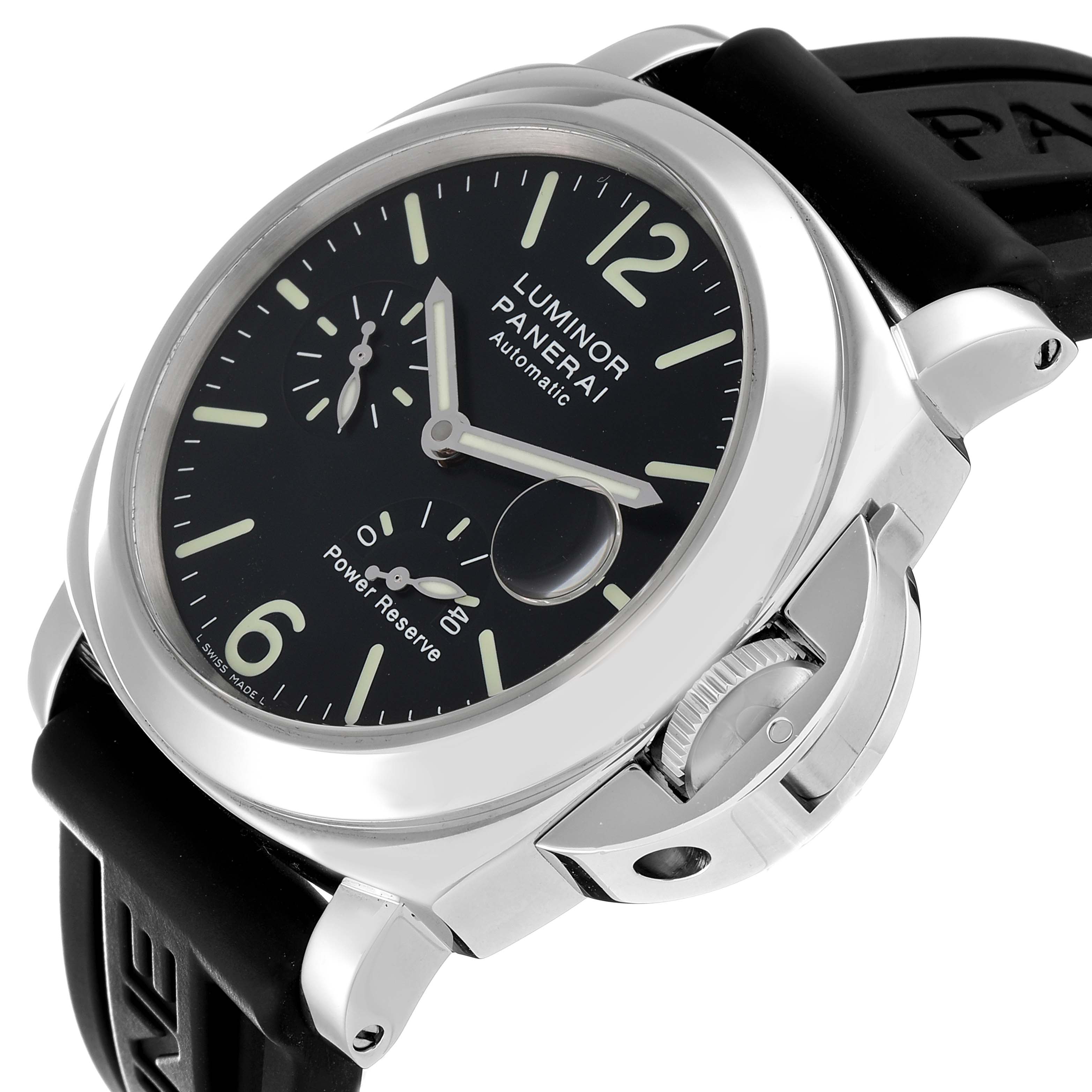 The image shows a Panerai Luminor PAM00090 Men's Stainless Steel Black Dial PAM00090 Men's Stainless Steel Black Dial watch at a slight angle, highlighting the dial, crown guard, and rubber strap.
