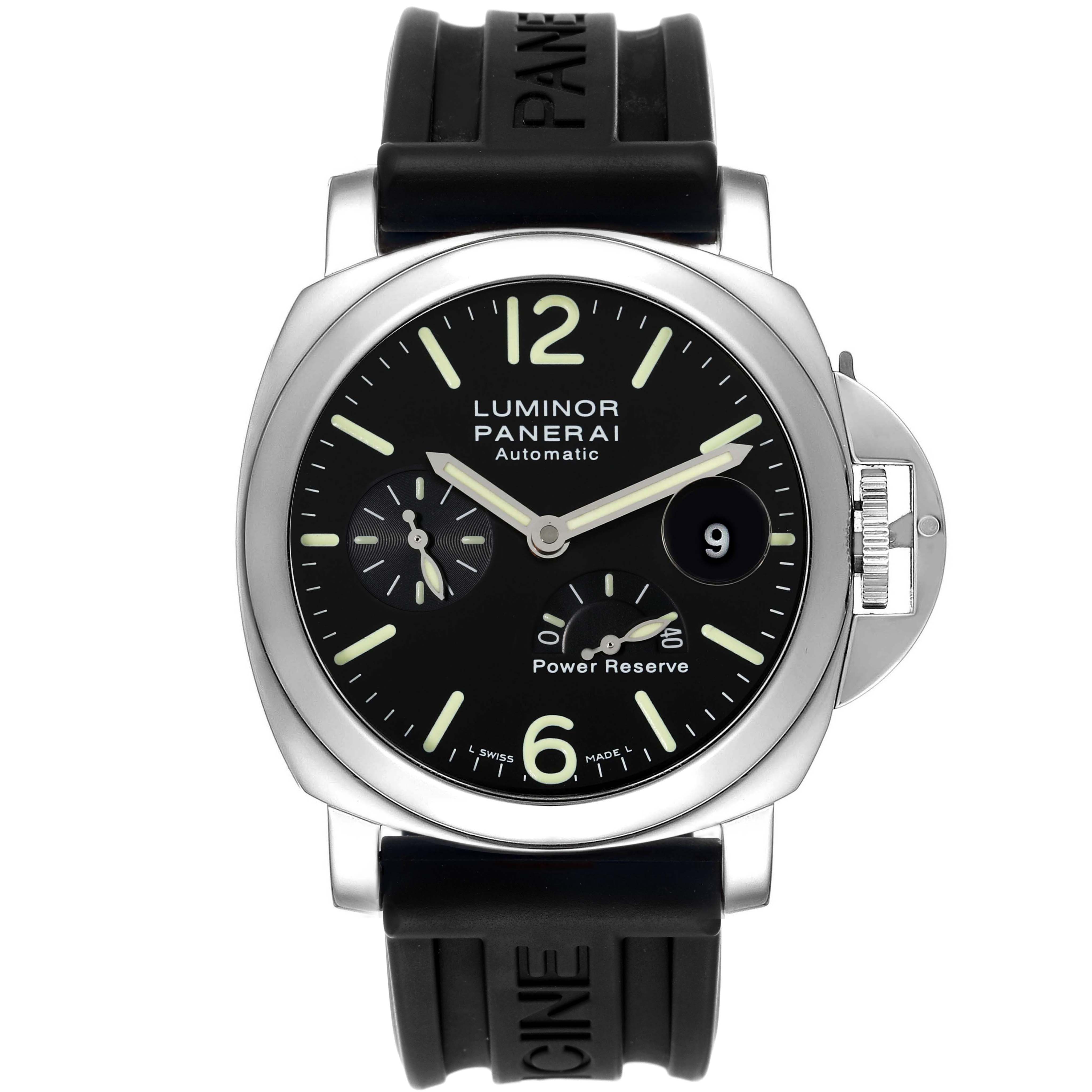 The image shows a front view of the Panerai Luminor PAM00090 Men's Stainless Steel Black Dial PAM00090 Men's Stainless Steel Black Dial model watch featuring a black dial, sub-dials, and a rubber strap.