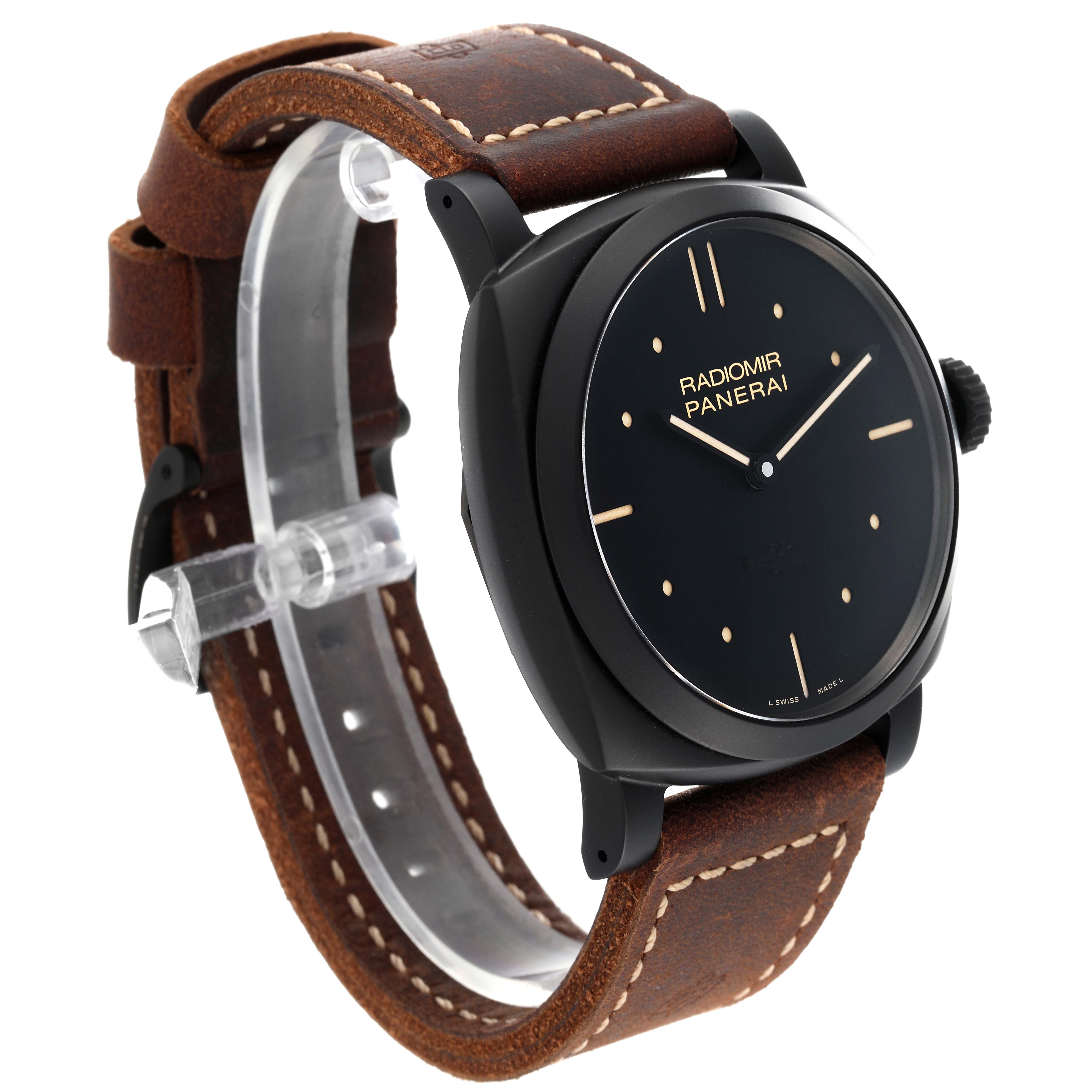 The Panerai Radiomir PAM00577 Men's Stainless Steel Black Dial PAM00577 Men's Stainless Steel Black Dial watch is shown at a slight side angle, highlighting its dial, case, crown, and leather strap.